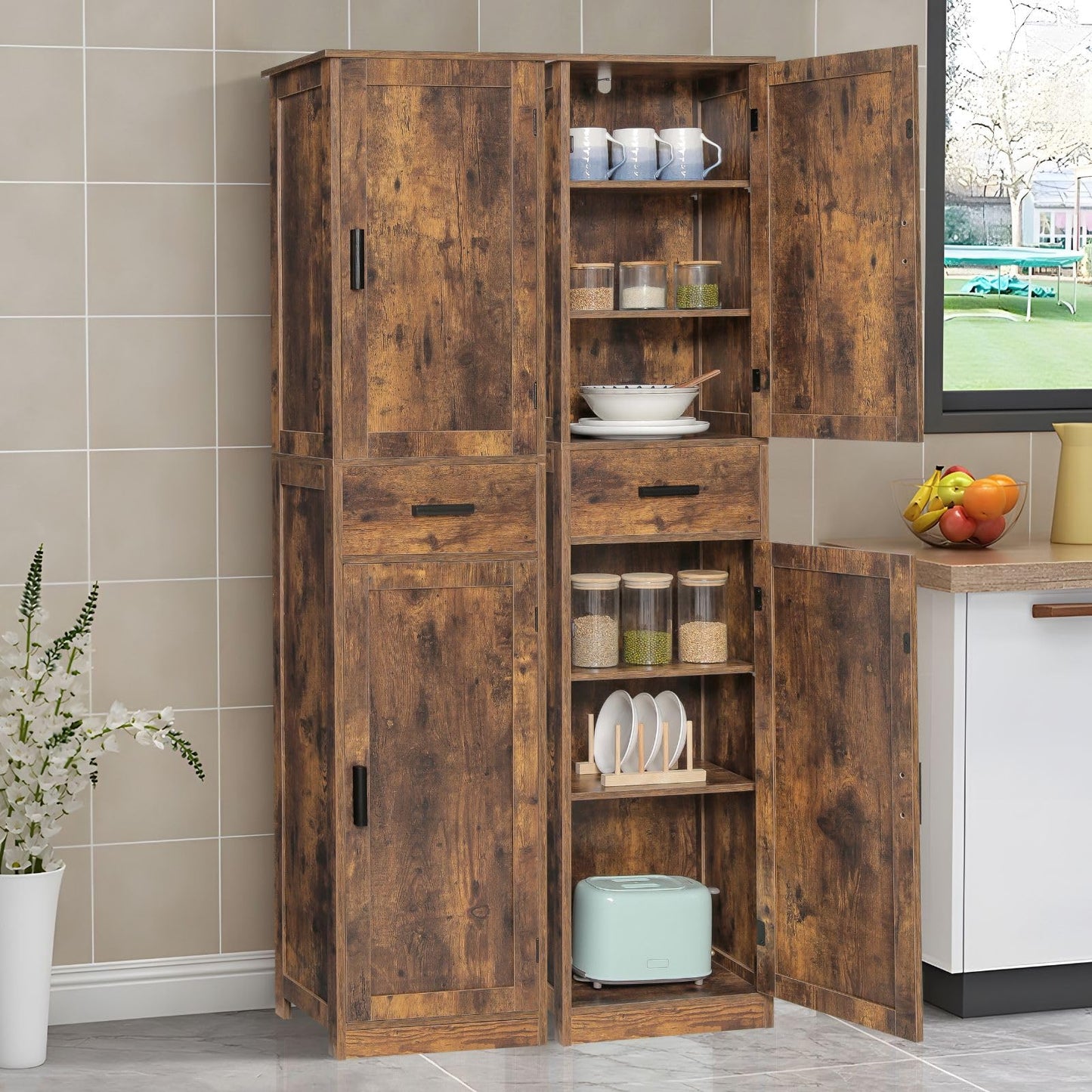 usikey 67'' Tall Storage Cabinet with Adjustable Shelves & 2 Doors, Bathroom Cabinet with 1 Drawer, Narrow Tall Cabinets for Living Room, Home Office, Rustic Brown UNSNG040F