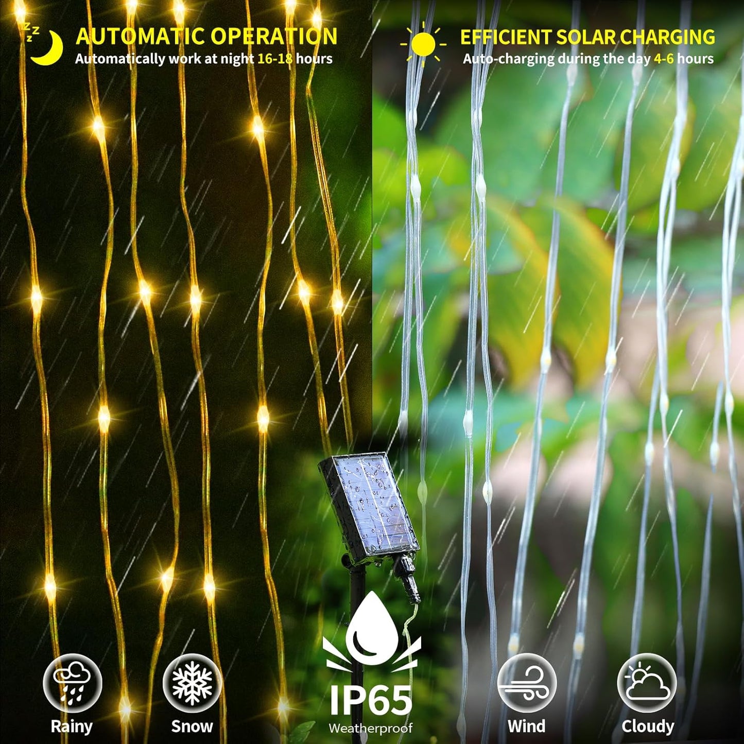 Skiennix Solar Curtain Lights - Waterproof 10x10 Ft 300 LED Twinkle Fairy Lights | 8 Modes, Remote Control, Rechargeable for Outdoor Events
