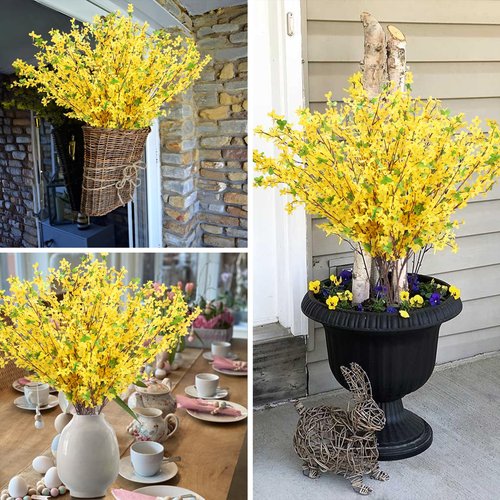 MHMJON 10PCS 34.65'' Artificial Forsythia Branches Yellow Flowers Fake Forsythia Blossom Long Stems Fake Winter Jasmine Cemetery Flowers for Home Table Wedding Graveyard Indoor Outdoor Decor