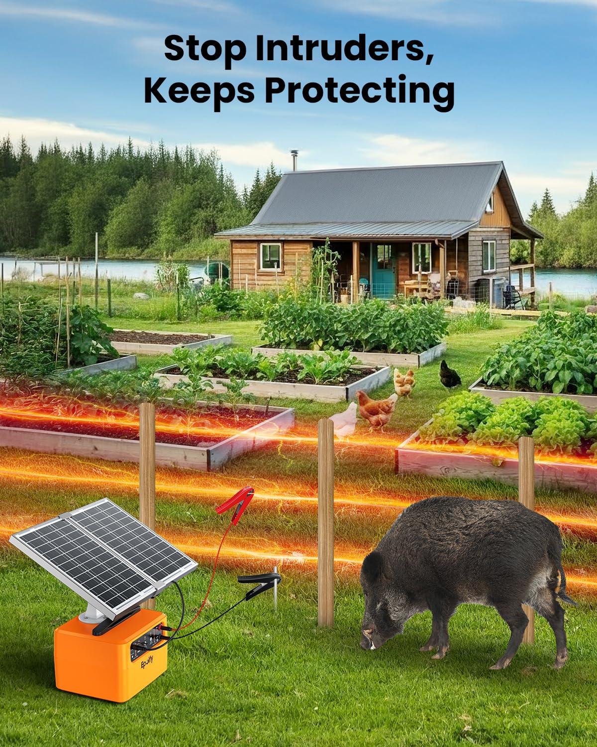 Solar Electric Fence Charger 30 Mile, 0.3-1.5 Joule Adjustable Fence Energizer with 12000mAh Battery&Voltage Display, Solar+AC Powered Electric Fence Charger for Livestock, Deer and Raccoon Control