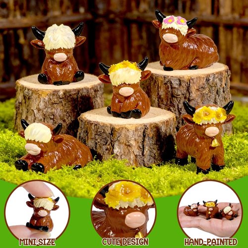 Exasinine Mini Highland Cow Figurines - 25 Pcs Resin Sculptures for Cake Decorations & Garden Decor