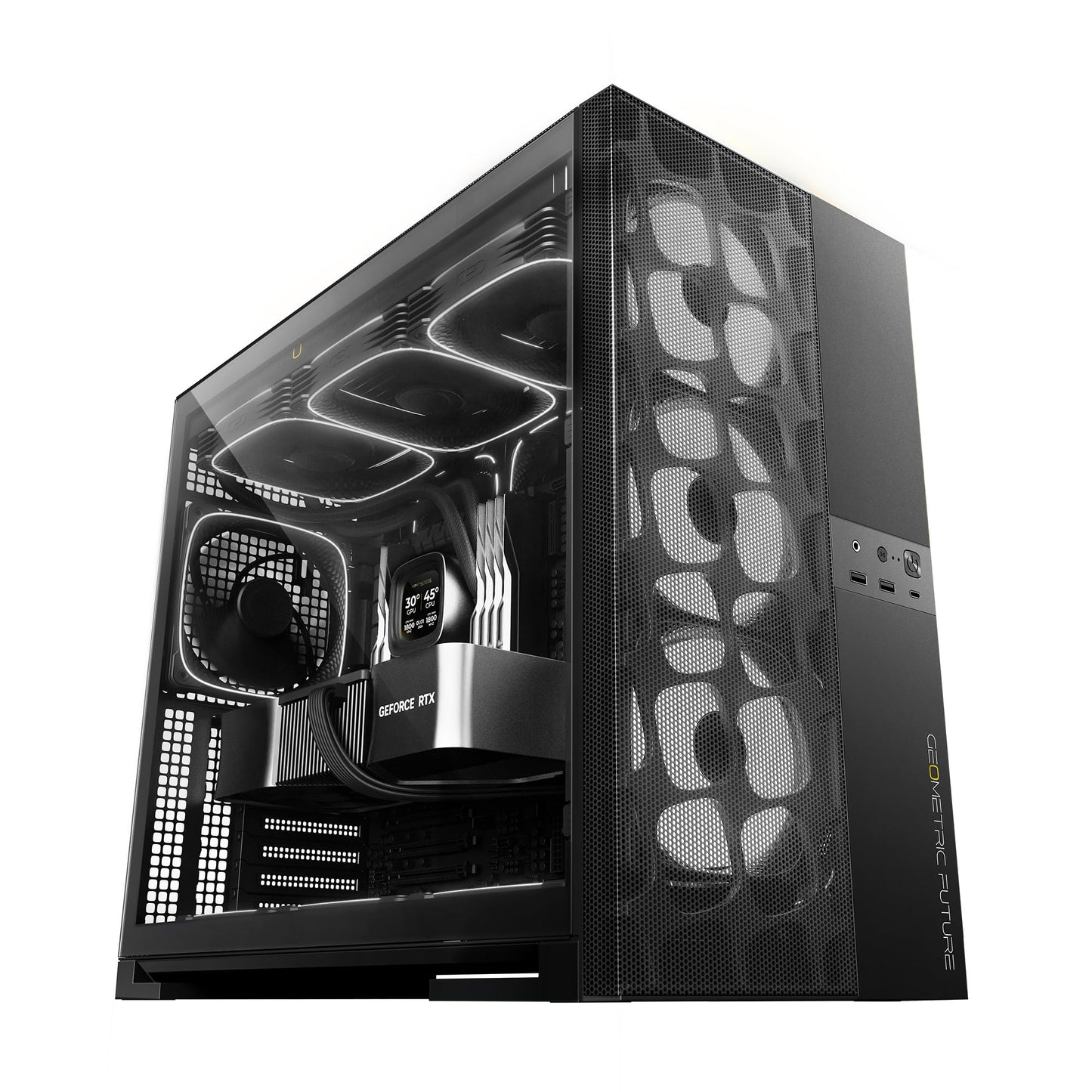 Geometric Future M5 Vent Mesh Panel Tempered Glass Mid Tower, E-ATX/ATX Gaming Case, High Airflow, 1.2mm Steel, Type C, Support 420/360 Radiator, ARGB PWM 140m fan x 5 Pre-Installed, Black, GEO-M5VF-B