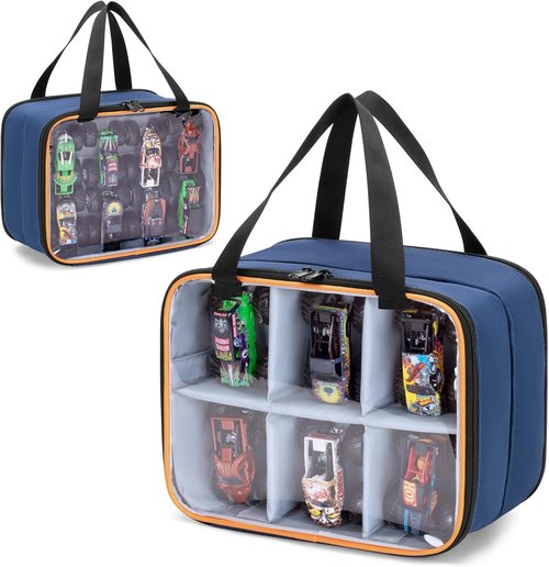 LUXJA Double Layer Storage Bag - PVC Carrying Case for Hot Wheels Monster Trucks | Holds 14 Toy Cars, Blue