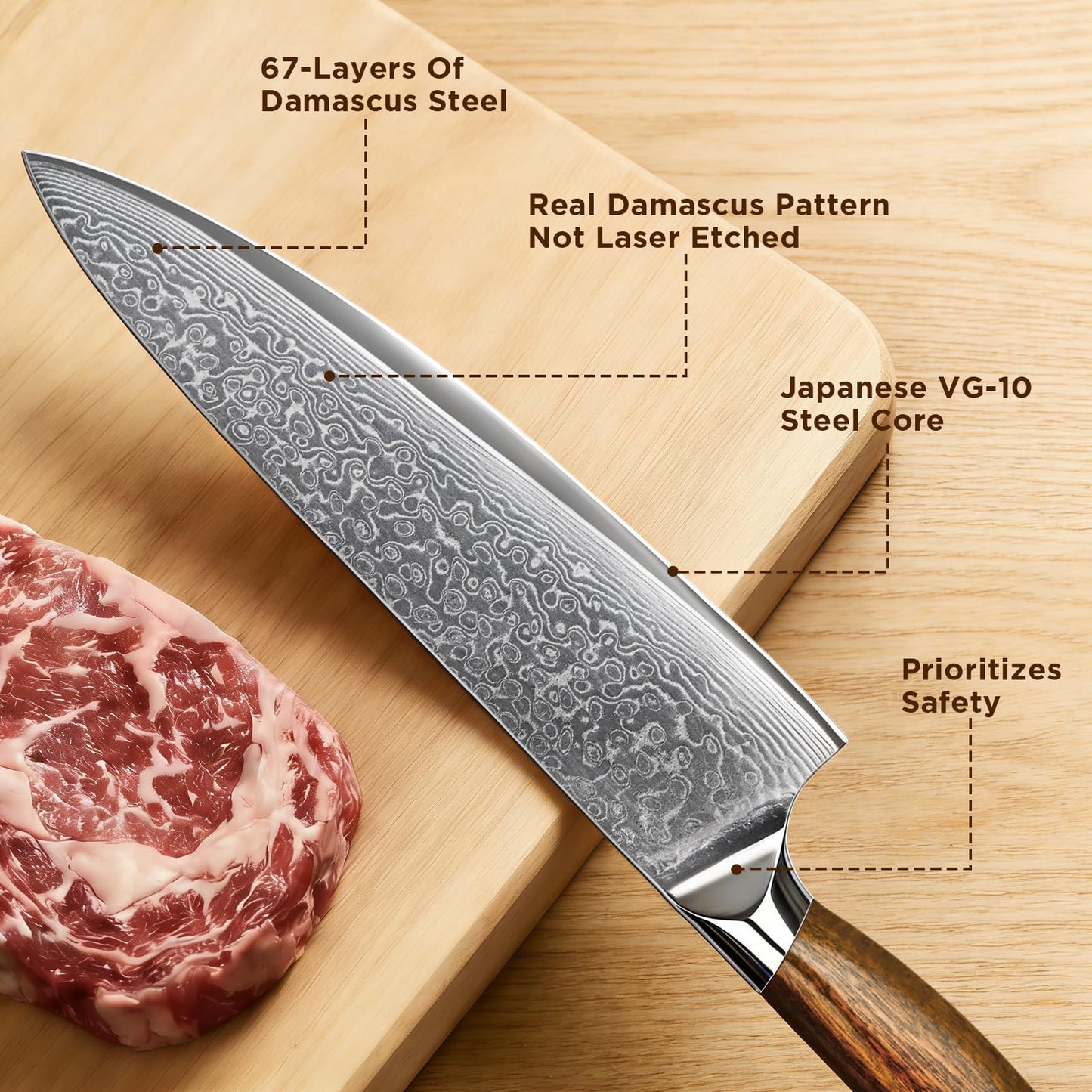 Newise Chef Knife, 8 Inch Japanese Kitchen Knives with Damascus Steel Core, Sharp Gyuto Knife with Wood Handle, Cooking Knives for Women Men