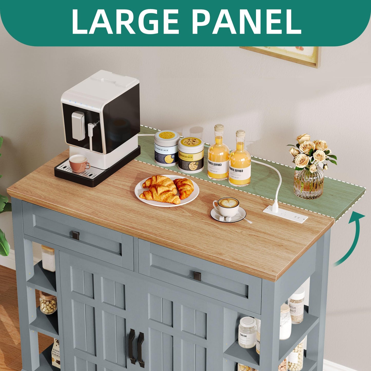YITAHOME Kitchen Island with Drop Leaf & Power Outlet, Rolling Kitchen Cart on Wheels, Americana Kitchen Island Cabinet with Open Shelves for Kitchen Dining Room, Thicker Rubberwood Top, Grey Blue