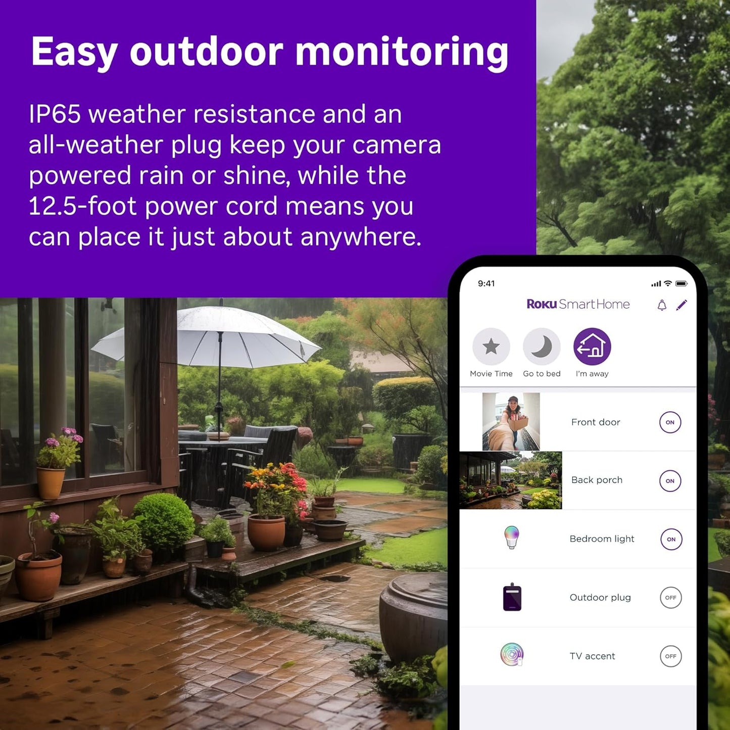 Roku IP65 1080p Outdoor Camera - Home Security - Weather Resistant Wired Security Camera & Pet Monitor with HD Night