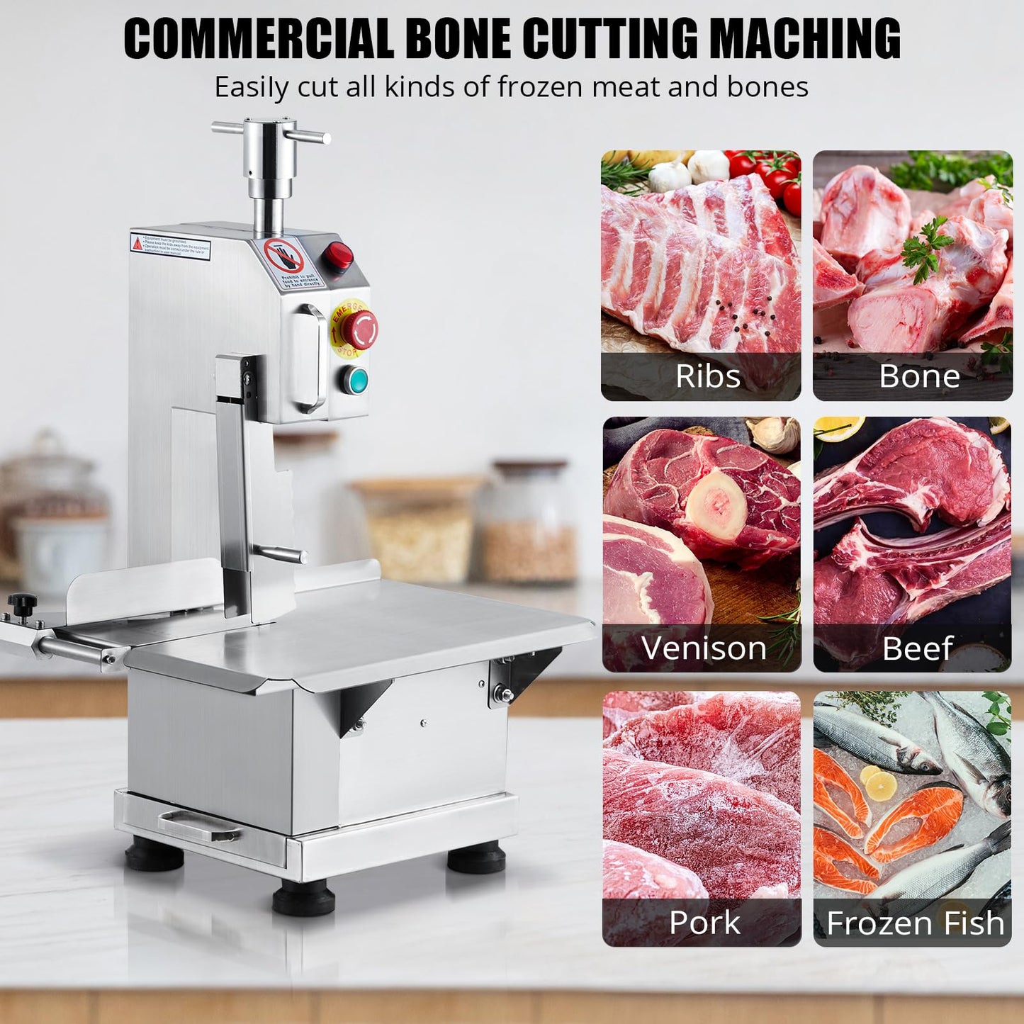 850w Commercial Electric Meat Bandsaw, Stainless Steel Countertop Bone Sawing Machine with 19.1 x 14.2 In Workbench, 4 Inch Max Cutting Thickness Frozen Meat Cutter for Rib Pork Beef