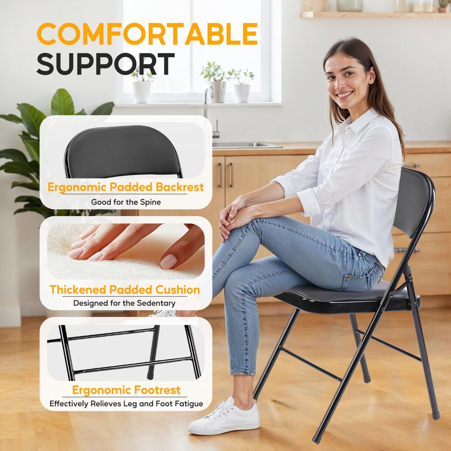 Simple Deluxe Dining Chairs Set of 2, Leather Cushion Foldable Modern Kitchen Side Chair with Padded Back& Metal Legs, Upholstered Dinner Seat Gift for Home/Living Room/Bedroom/Restaurant, Black