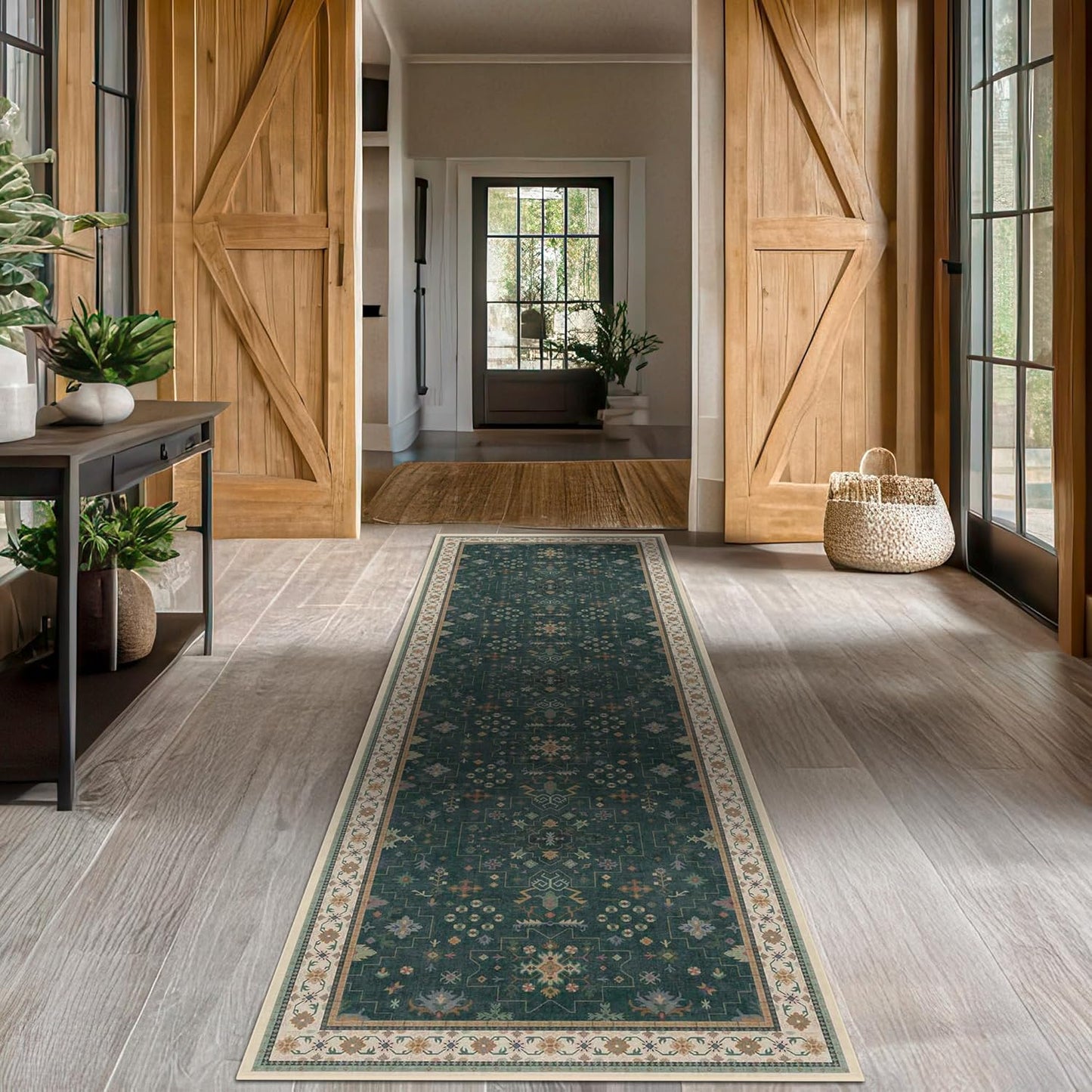 Regine Switzerland Dark Green Washable Kitchen Runner Rug - Non-Slip Rubber Backing | 2'6"x8' Stain Resistant