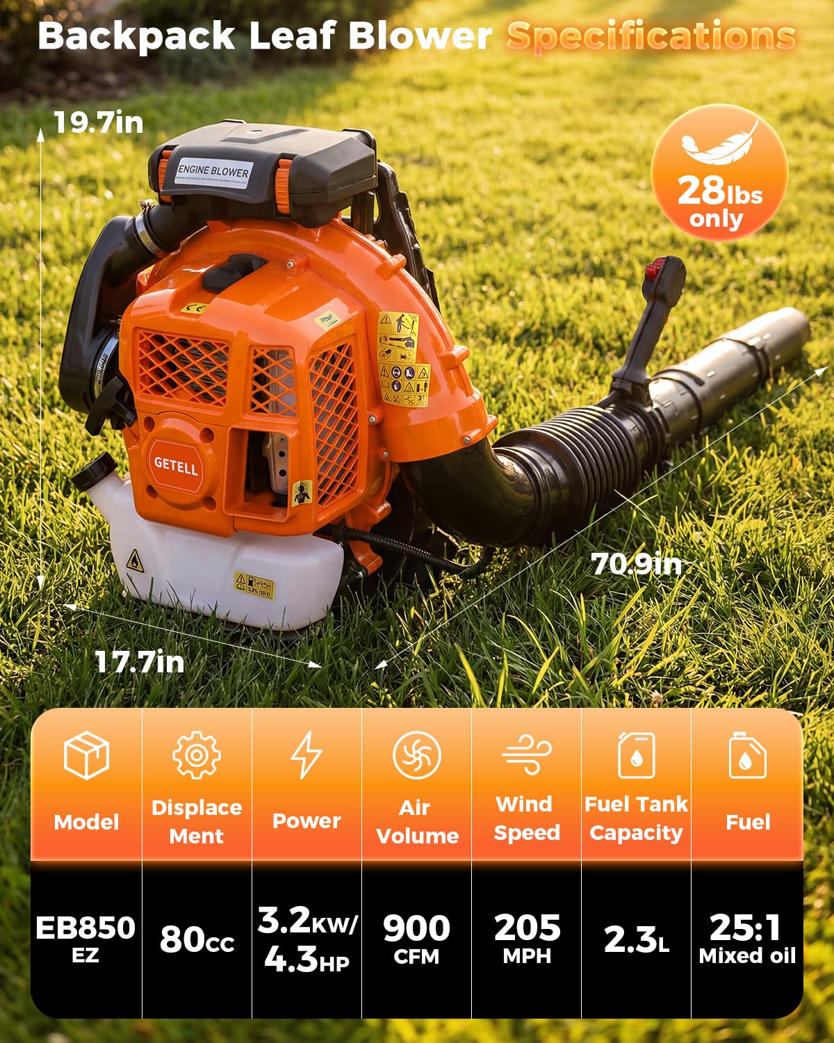 80cc Gas Backpack Leaf Blower, 900CFM 206MPH 2-Stroke Engine, Heavy-Duty Leaf & Snow Blower for Lawn, Garden & Commercial Use (Orange)
