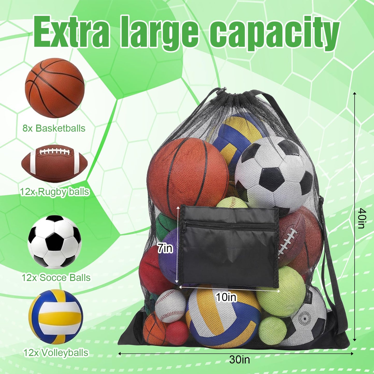 kuyeyzu 4 Pcs Extra Large Soccer Ball Bag 40" x 30" Heavy Duty Mesh Ball Bag with Pocket Drawstring Storage Sack for Basketball Volleyball Football Gym Equipment Coaches Black