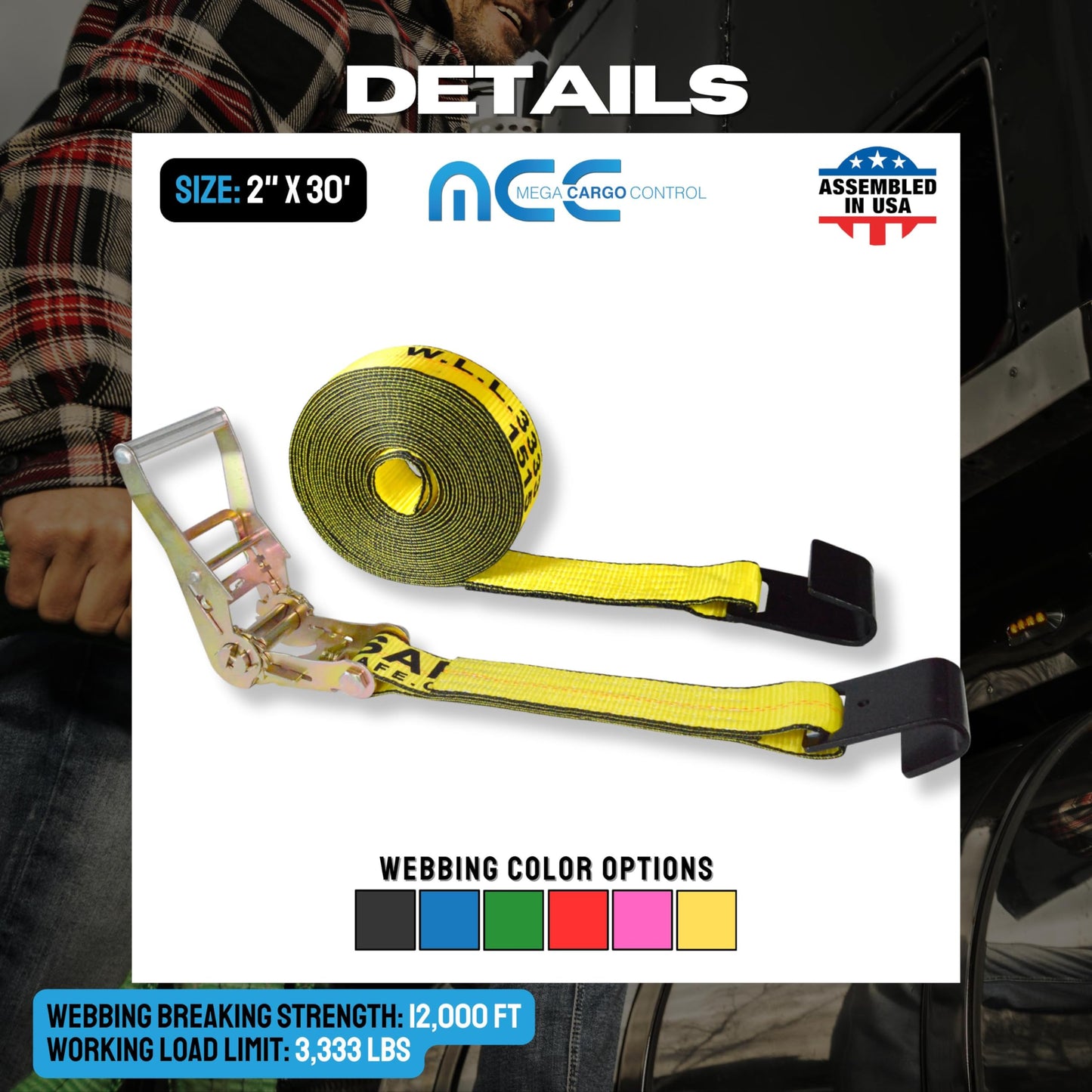 Mega Cargo Control 2" x 30' Flat Hook Ratchet Straps, 8 Pack - 2 Inch X 30 Foot, Yellow Heavy Duty Tie Downs with 10,000 lbs Break Strength for Flatbed Trailer Towing Hauling