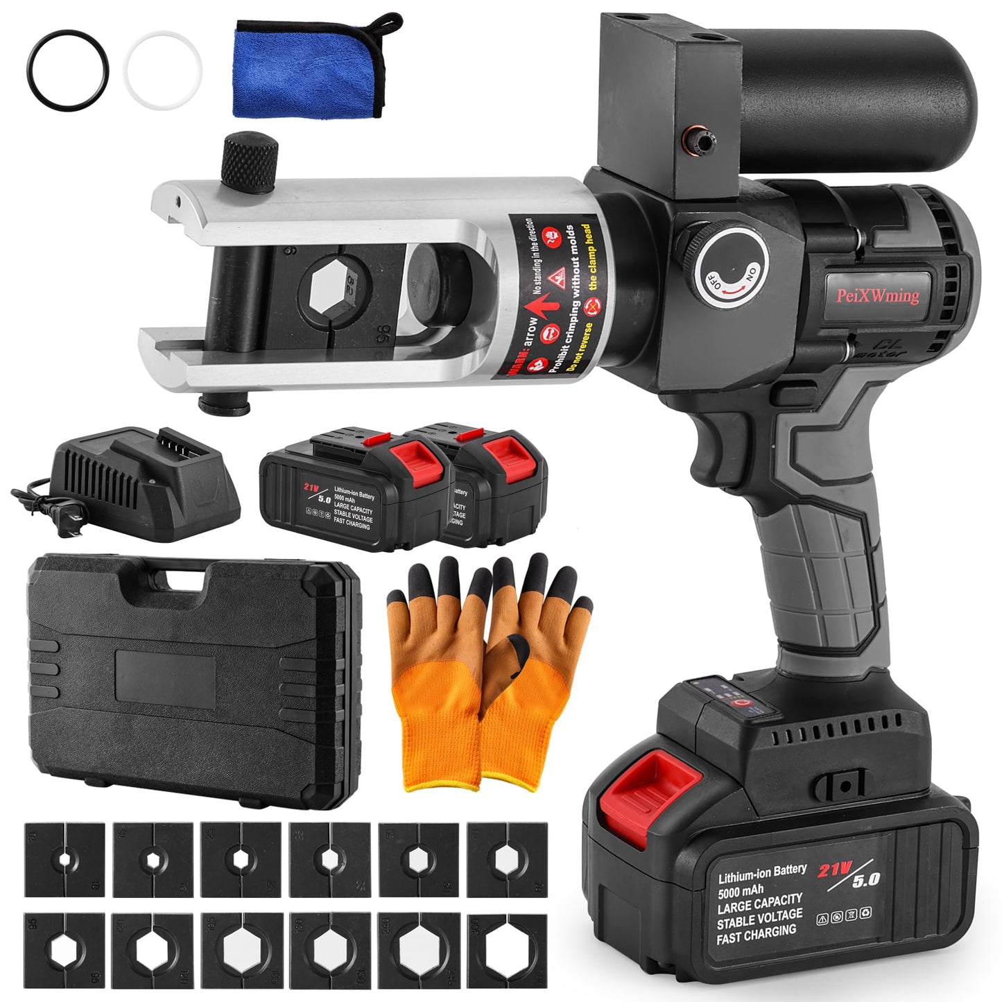 Electric Hydraulic Cable Lug Crimping Tool - 90KN 12 Dies (8 AWG to 600 MCM), Handheld Battery Cable Lug Crimper Kits with 2 Large-Capacity Lithium Battery 21V/5.0Ah, Rechargeable Portable Crimper
