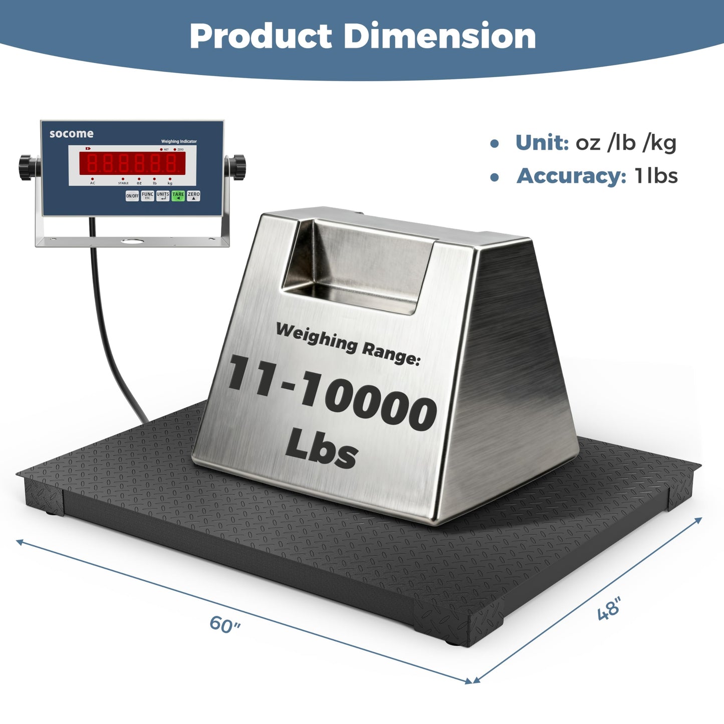 SOCOME 60"x48" Industrial Floor Scale with Digital Indicator, Professional Pallet Scale, Heavy Duty Weighing Scale for Wareshouse, Shipping and Industrial, 10000 lb x 1 lb, Black