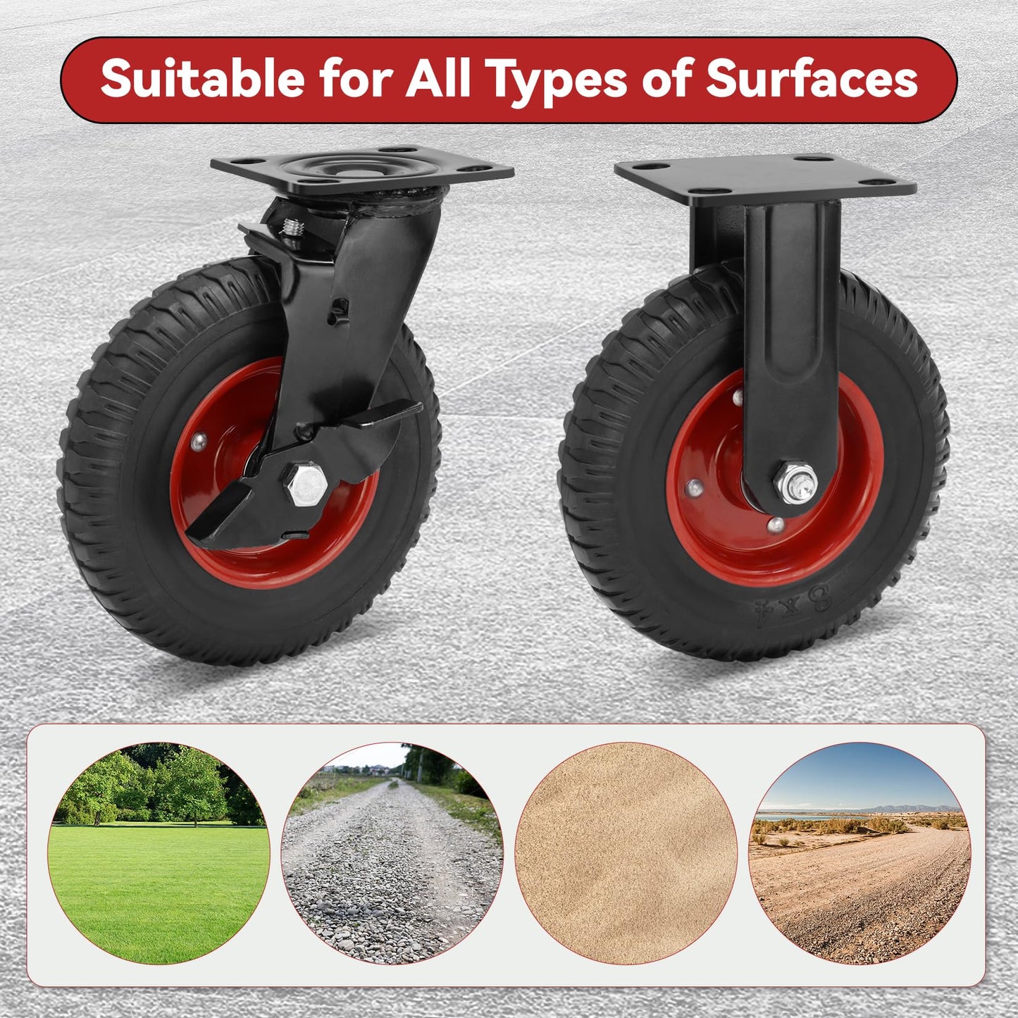 Nefish 8 Inch Heavy Duty Outdoor Casters 2200 LBS, Durable Large Casters Wheels Set of 4, Industrial Grade Rubber Castors with Knobby Tread for Trolley, Industrial and Chicken Coop (2 Brake & 2 Rigid)