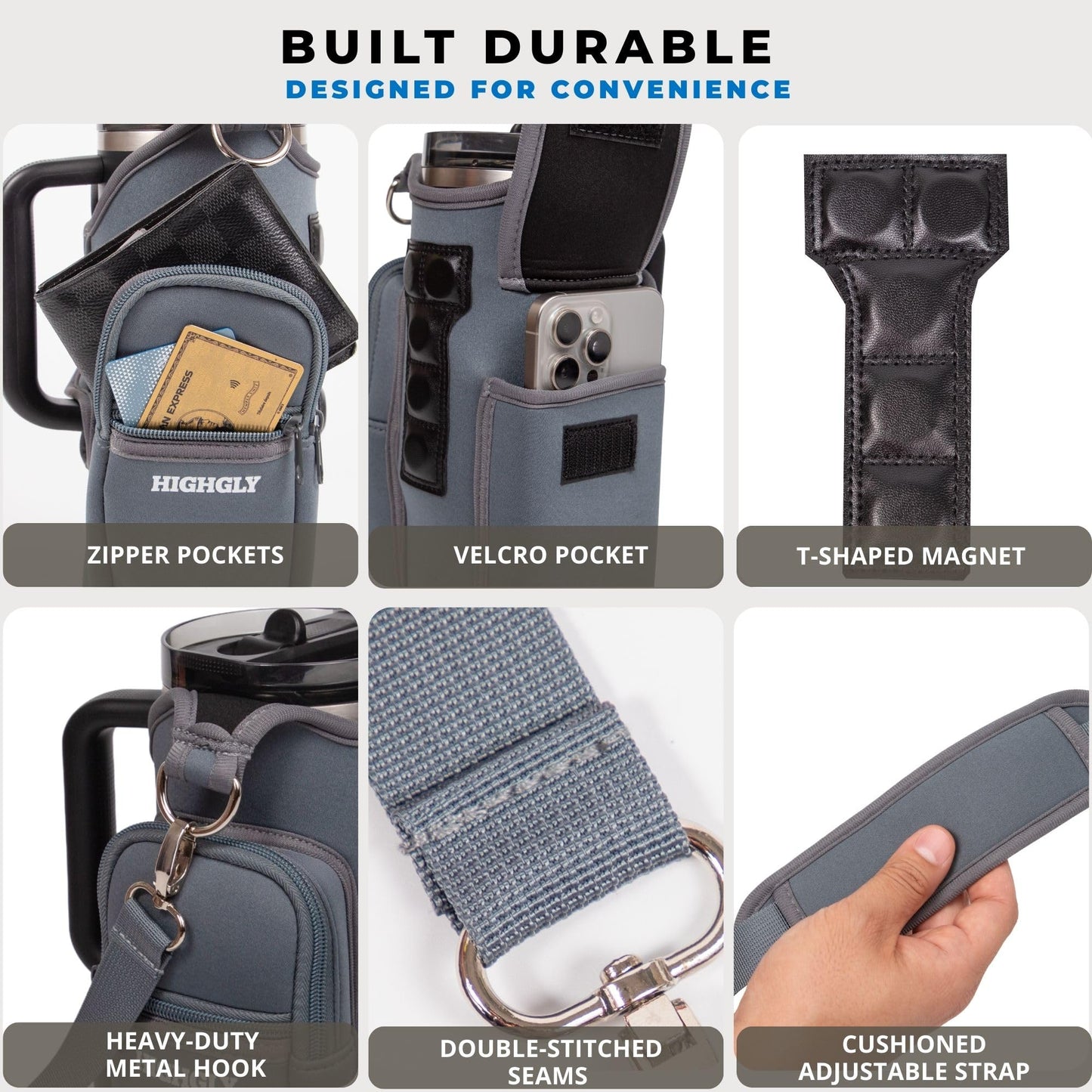 Tumbler Carrier Bag for Stanley & Owala 30–40oz, Magnetic Water Bottle Holder for Gym Equipment, Crossbody Cup Holder with Phone Pocket