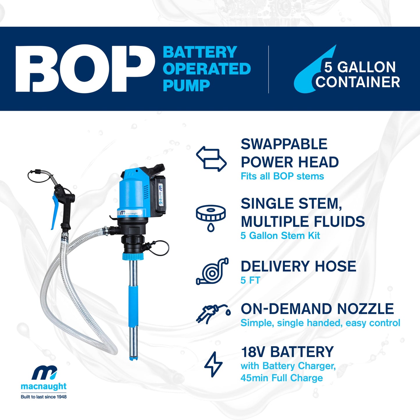 Macnaught BOP20 Battery Powered 5 Gallon Bucket Oil Transfer Pump kit. Everything Needed to Pump Oil, ATF or Coolants.