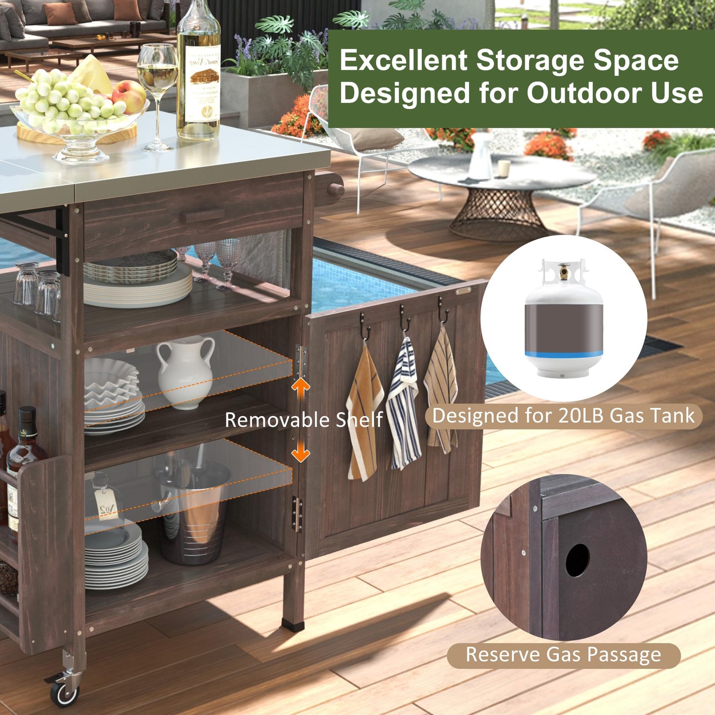 Trygoal Outdoor Grill Cart with Stainless Steel Top, 40.5”Solid Wood BBQ Prep Table for Pizza Oven, Mobile Outdoor Kitchen Island with Drop Leaf, Storage Cabinet, Towel Rack & Spice Holder for Patio
