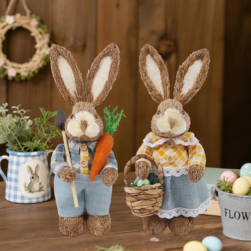 DR.DUDU Easter Bunny Figurines - Set of 2 Rustic Straw Rabbit Statues for Spring Decor | 13-Inch Tabletop Ornaments