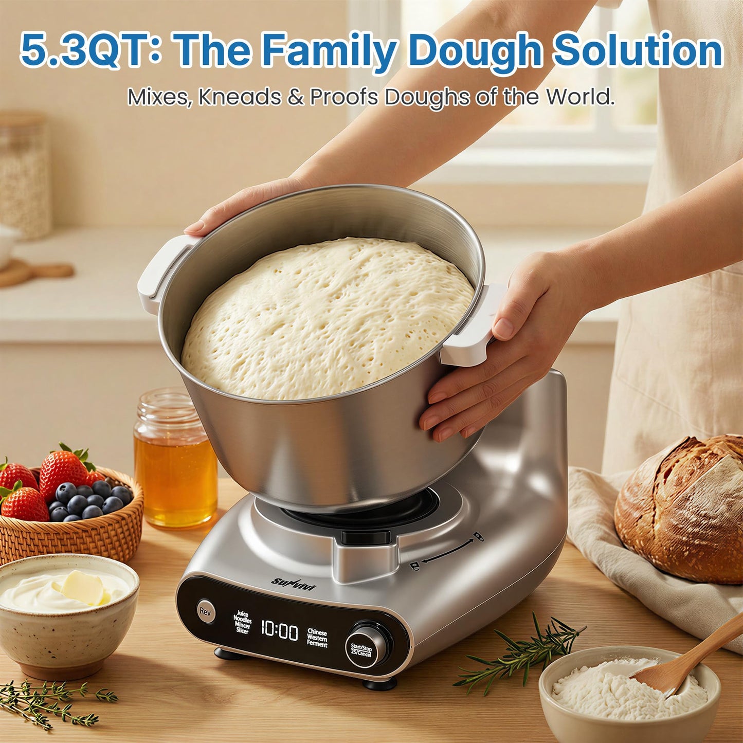 SUNVIVIPRO 5.3QT Electric Dough Mixer, 4-in-1 Multifunction Stand Mixer with Fermentation & LED Display & Knob Control, Slow Juicer, Meat Grinder, Salad Maker for Kitchen