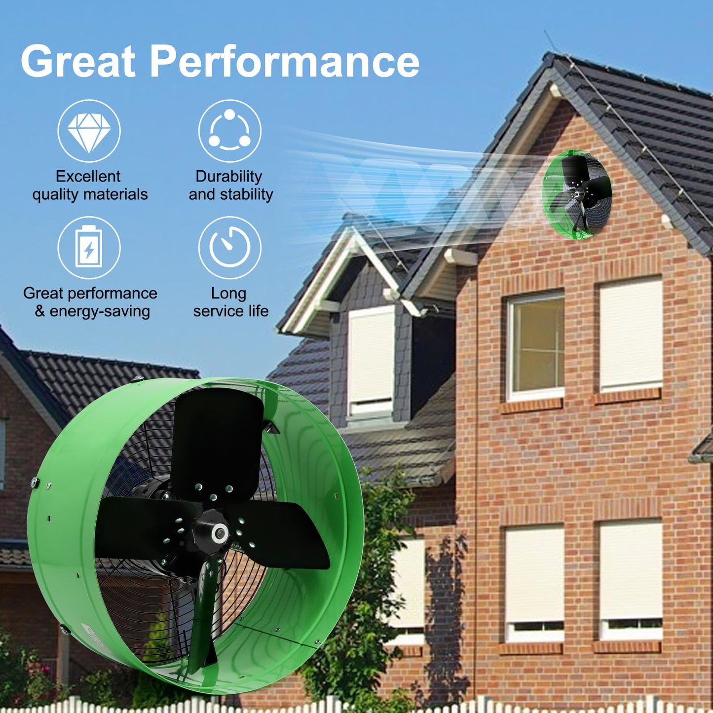 Vent Attic Fan with Adjustable Thermostat, 15" Gable Mount Ventilation Exhaust Fan 1650 CFM, 1075 RPM, 2500 SQ. FT. Attic Ventilator Green for Gable, Shed, Home