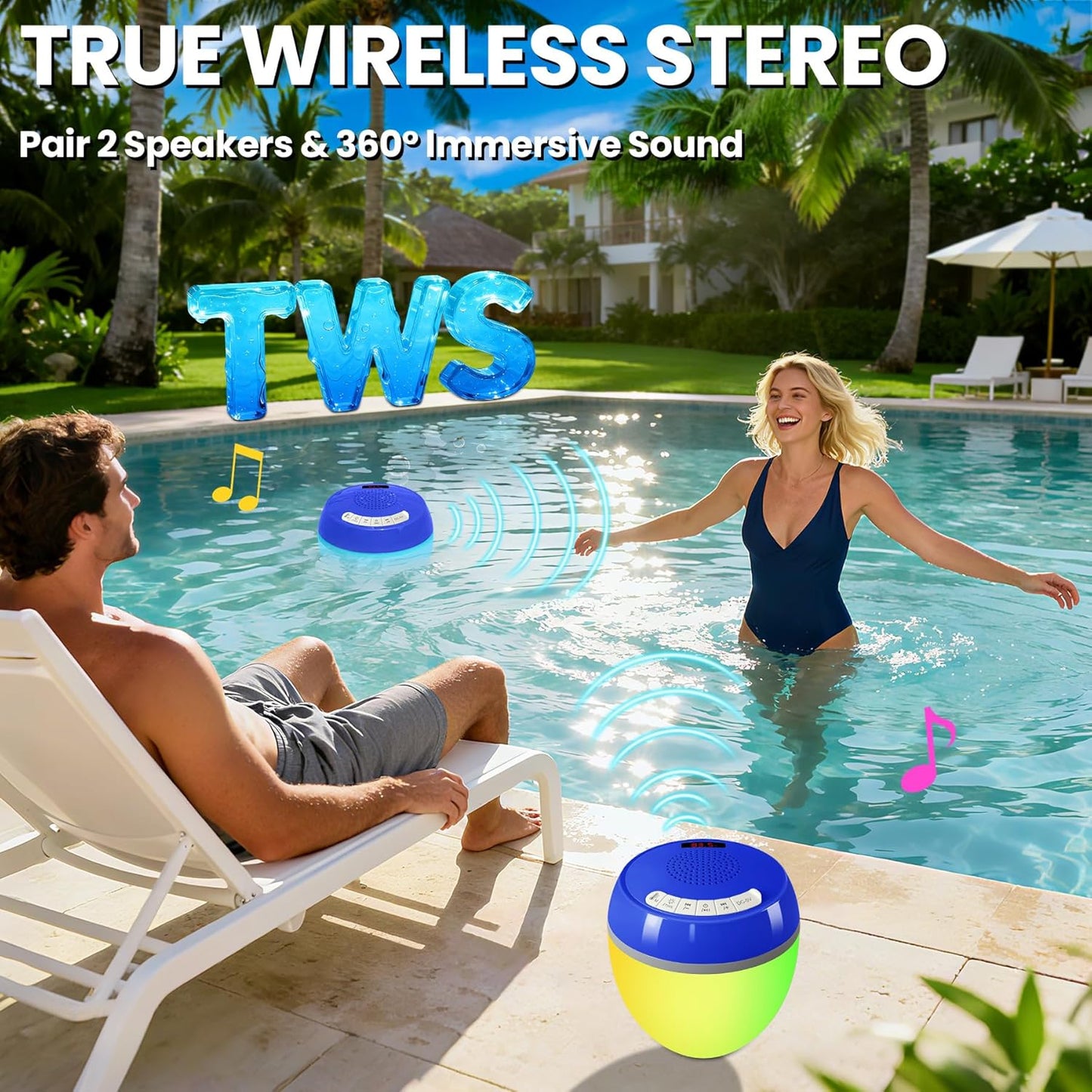 LanAqua 3 1 IP68 in Bluetooth Pool Speaker with Digital Thermometer, Floating Pool Speaker with Colorful Lights,Hot Tub
