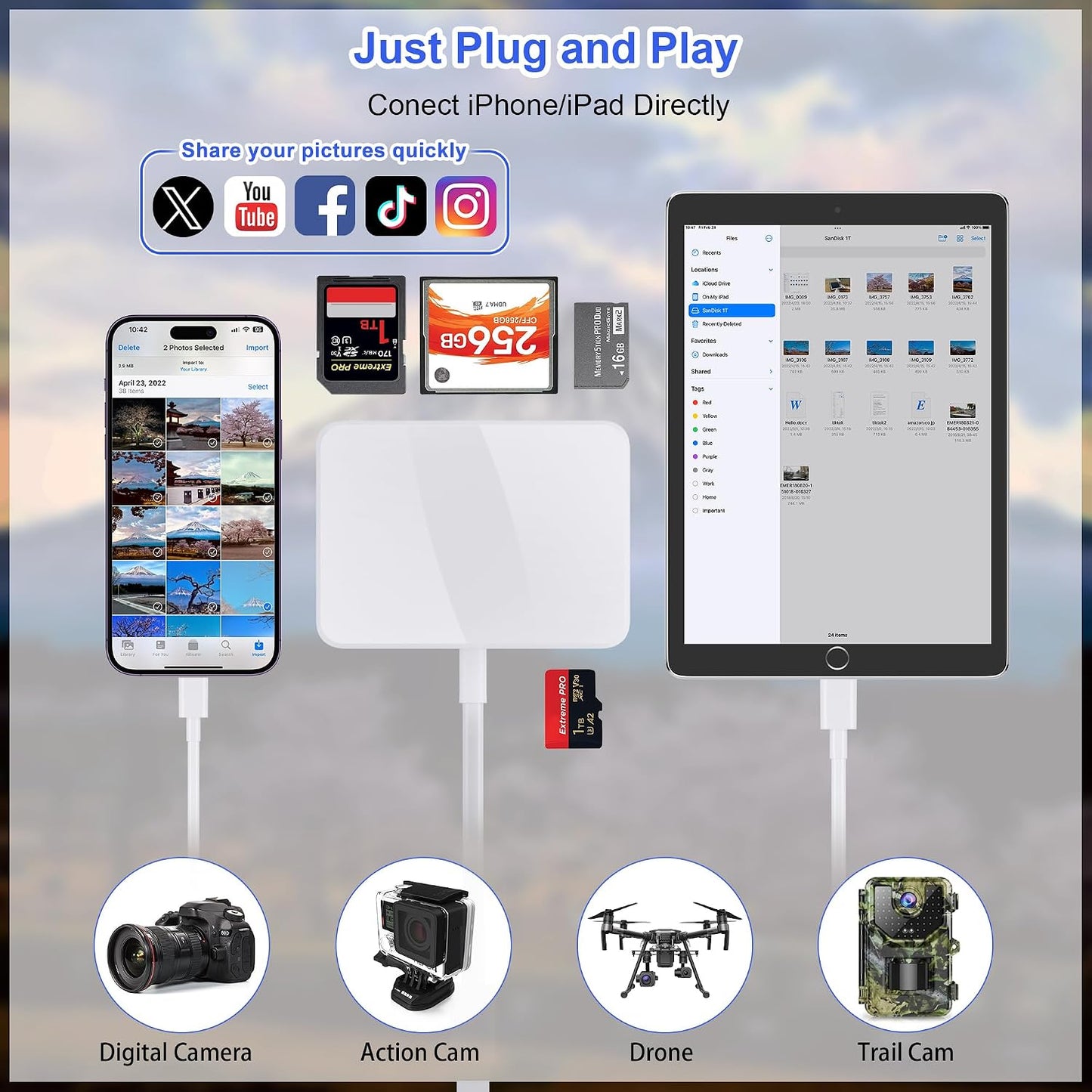 TIANSONG 4 1 SD Card Reader for iPhone, in USB C and Lightning to CF/SD/MS/TF Card Adapter Memory Card Reader