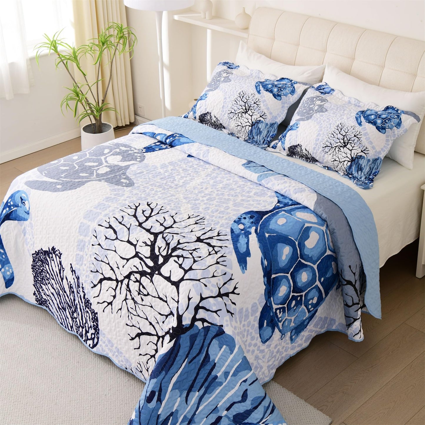 3 Piece Coastal Quilt Set King Size,Soft Lightweight Ocean Quilt,Beach Turtle Starfish Coral Printed Bedspread Bed Set with 2 Shams,Summer Quilt Bedding Set for All Season (106”x96”,Navy Blue)