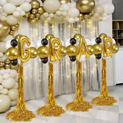 Graduation Balloon Columns Kit by 2026 - Set of 4 Stands with Gold Fringe Curtain for Party Backdrop