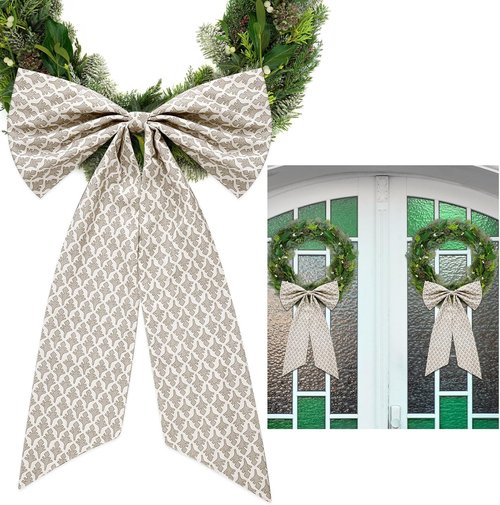 HunnmingRe Christmas Wreath Sash - 24 x 16 Inch Driftwood Block Print with Burlap Bow | Beige Holiday Decor