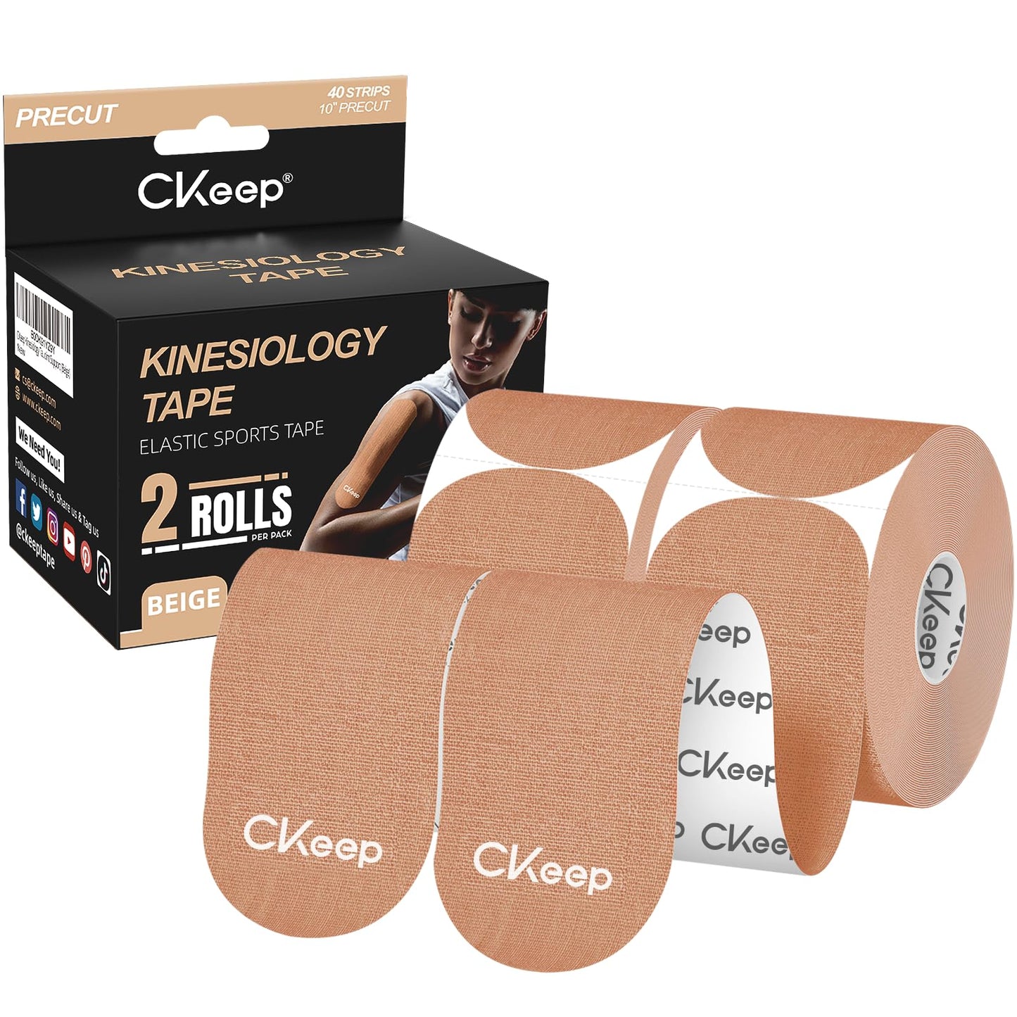 CKeep Kinesiology Tape, 2 Rolls Cotton Latex Free Hypoallergenic Elastic Precut Strips, 2 Inch Wide Waterproof Athletic Tape for Knees Pain Injuries Sprains, Beige