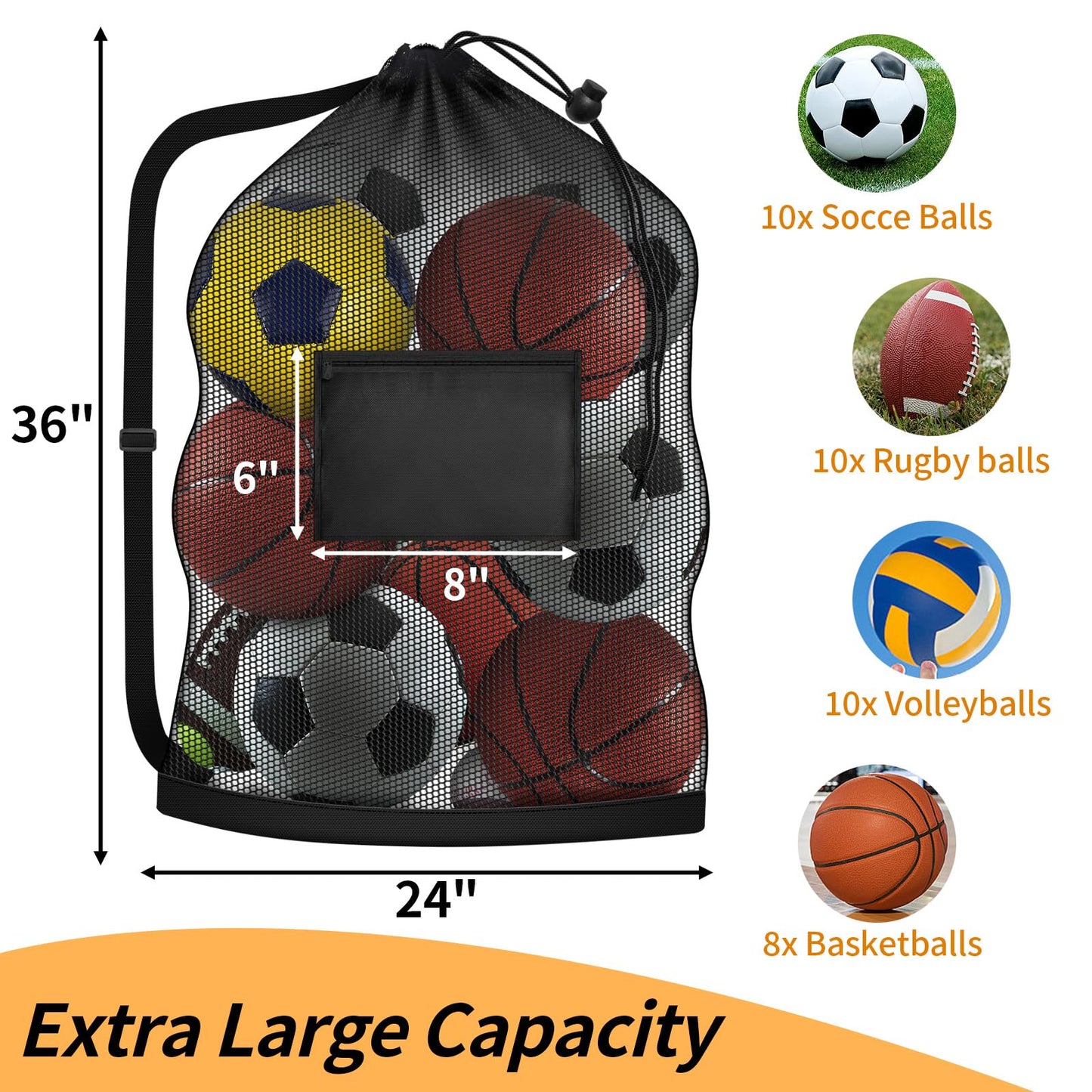 Extra Large Mesh Ball Bag, Heavy Duty Drawstring Storage Bag, 24" x 36" Hold 8-10 Soccer Basketball Volleyball Football, Sports Equipment Sack Net Bags with Shoulder Strap and Pocket for Coaches