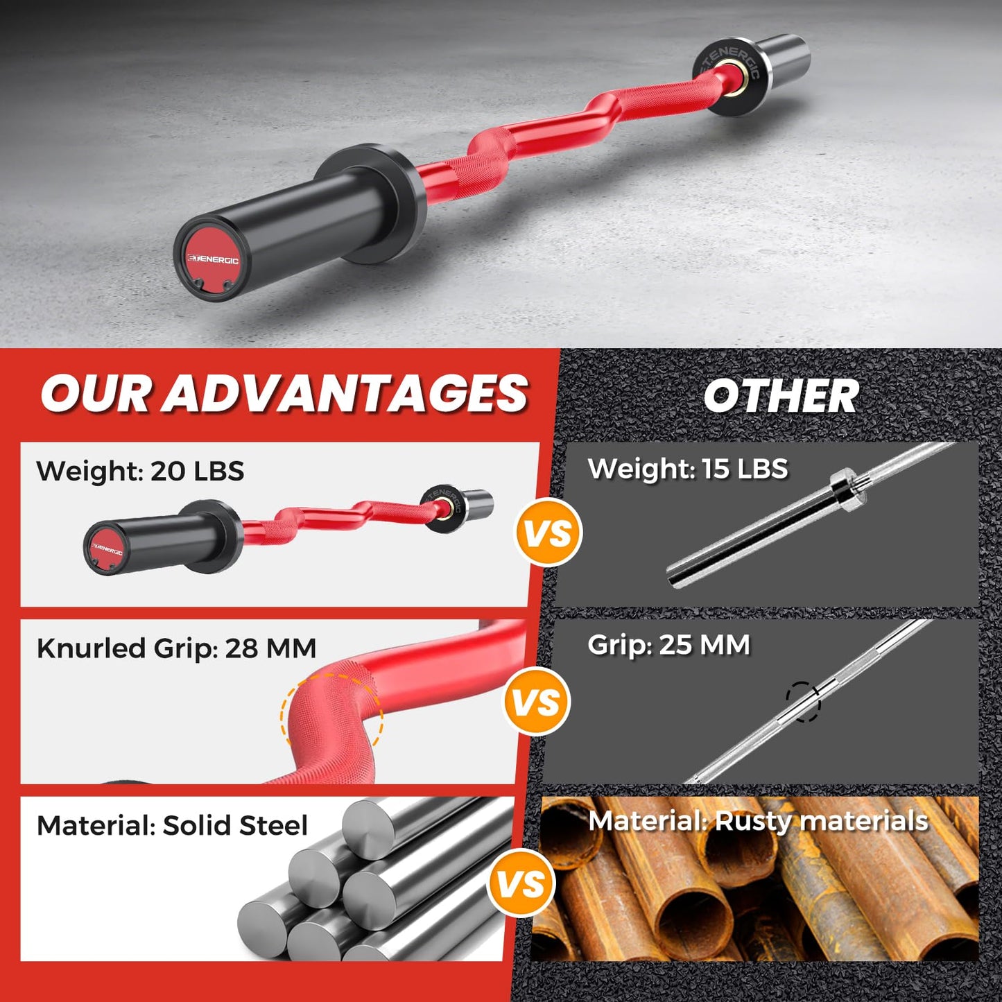 E.T.ENERGIC 47" Curl Bar Olympic EZ Bar 500-lbs Capacity Steel Barbell Suitable for 2" Barbell Plates, Black Sleeve Red Shaft