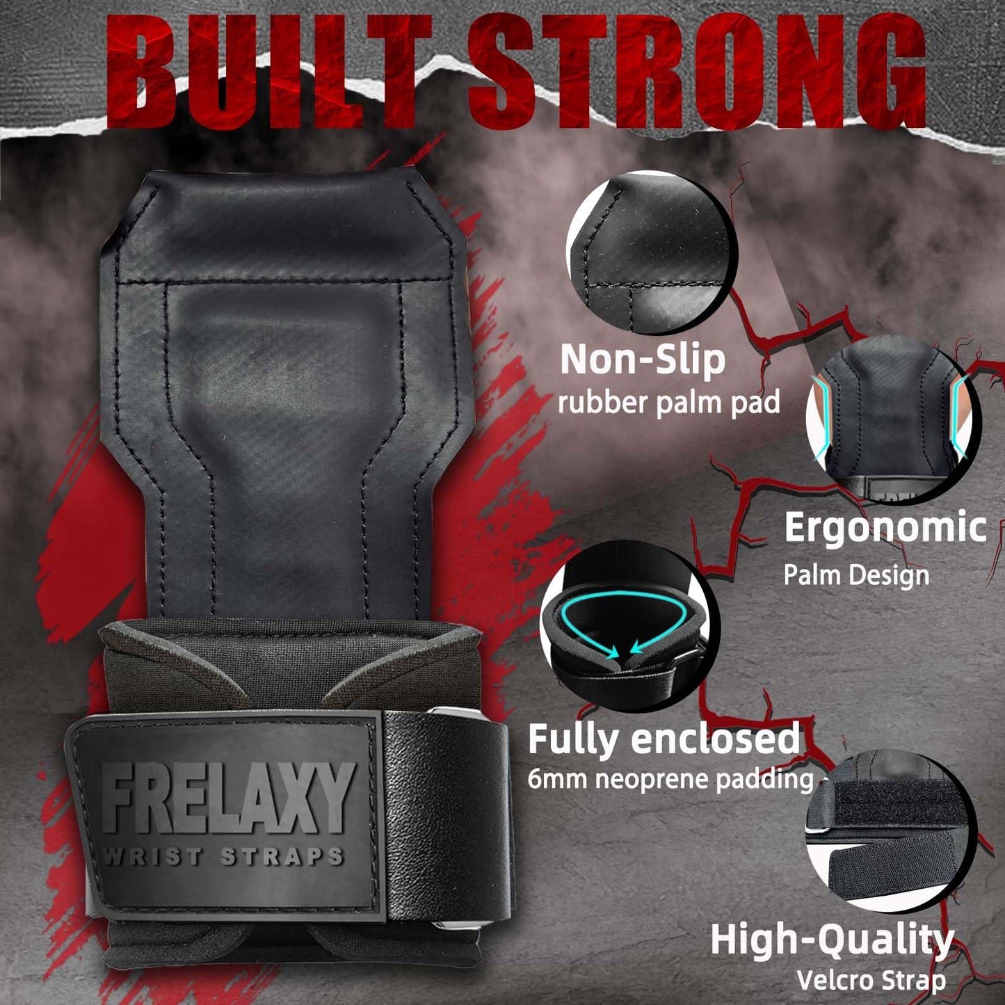 Frelaxy Lifting Wrist Straps, Rubber Weight Lifting Grips with Non-Slip Palm & Wrist Wraps Support for Deadlifts, Pull Ups, Rows, Heavy Powerlifting, Lat Pulldowns (Black)