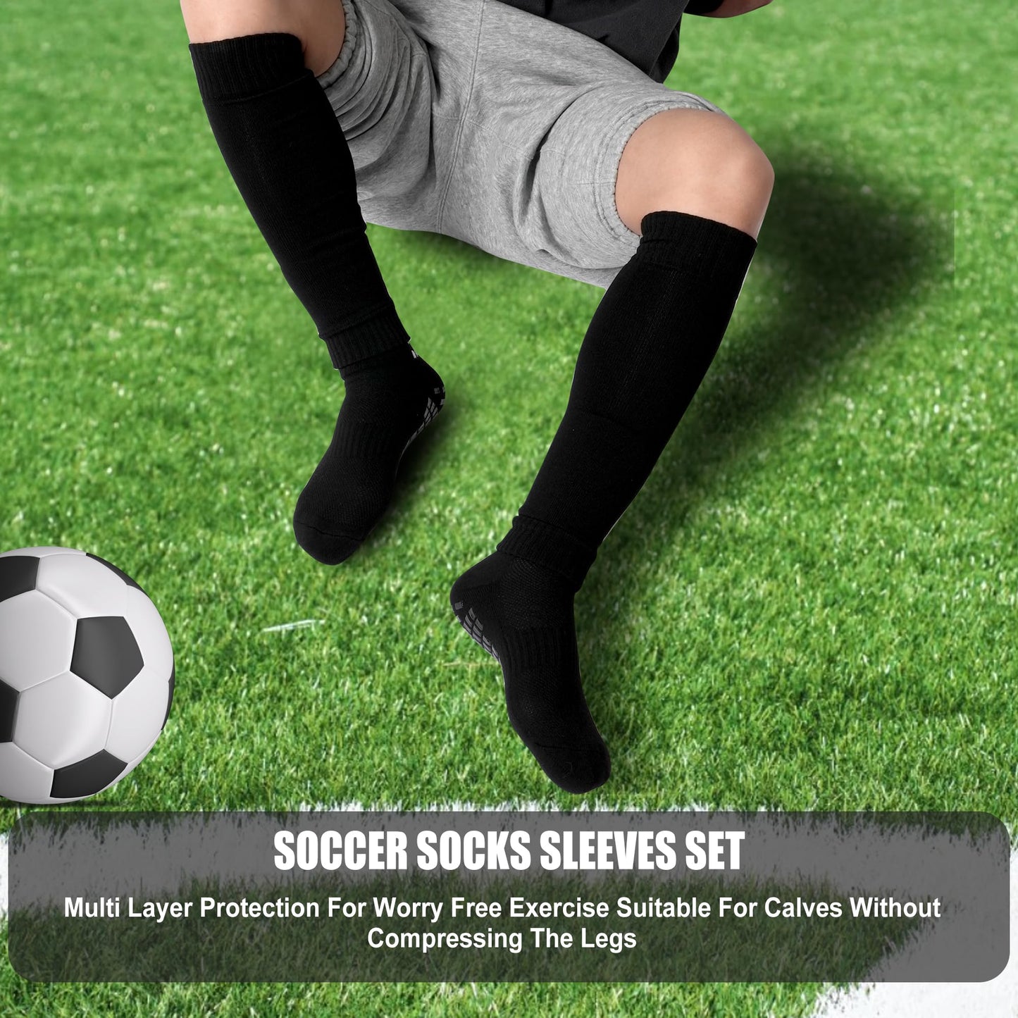 Barrlves 2 Set Grip Soccer Socks and Shin Guard Sleeves Non Slip Soccer Sleeve Socks for Men Women(US, Alpha, One Size, Regular, Regular, Black&White)