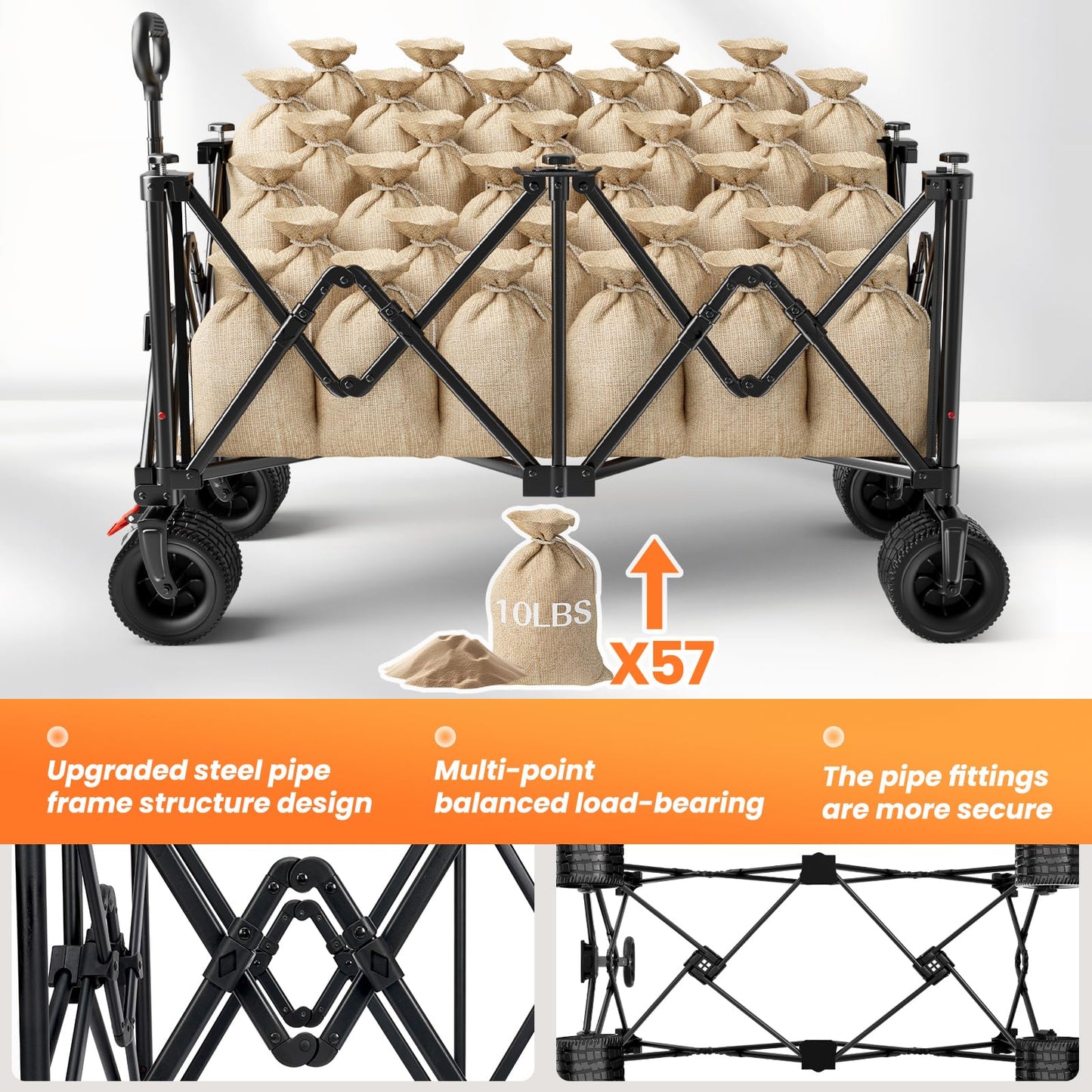 Beach Wagon Carts Foldable 570LBS Collapsible Wagon with Big All-Terrain Wheels for Sand 330L Heavy Duty Utility Carts with Cup Holders for Garden, Camping, Grocery, Black