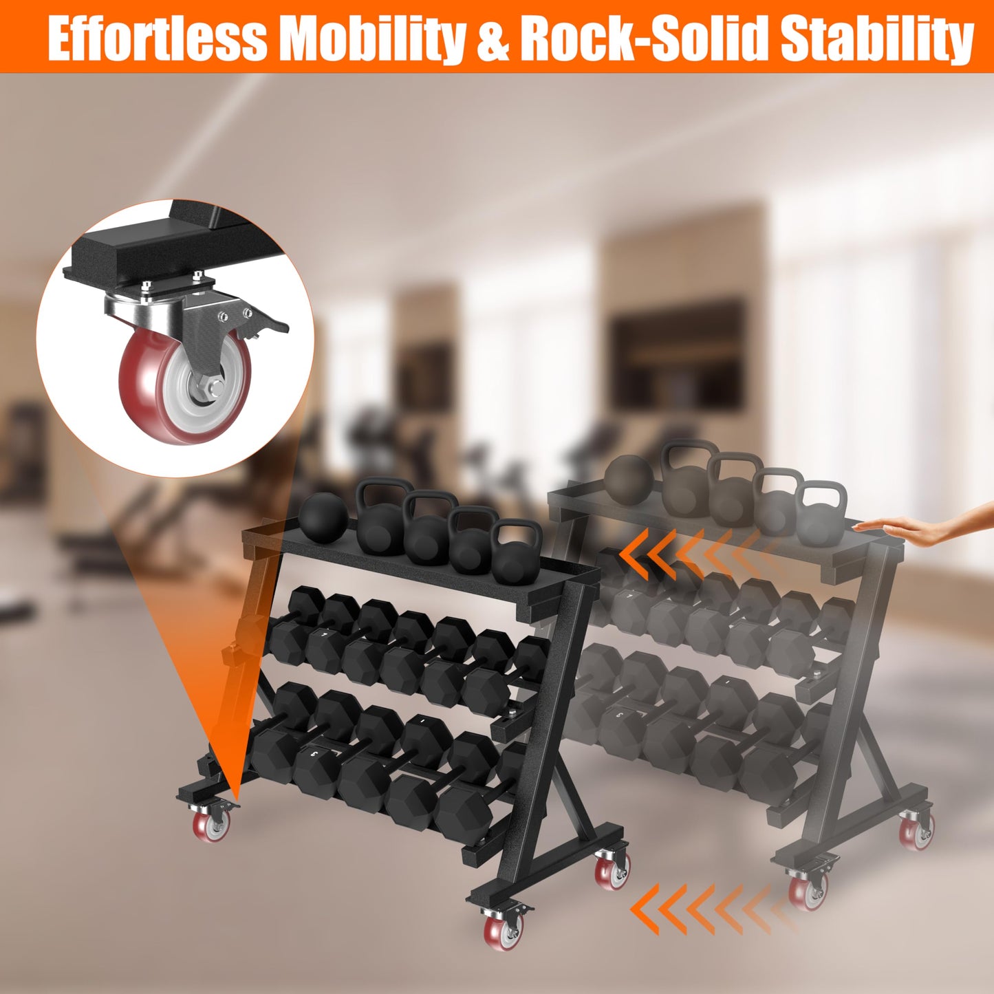 CHICAURA 3 Tier Dumbbell Rack with Lockable Wheels, 1200LBS Rolling Weight Rack for Home Gym, Heavy Duty Adjustable Dumbbell Holder for Kettlebell & Free Weights Storage Organizer