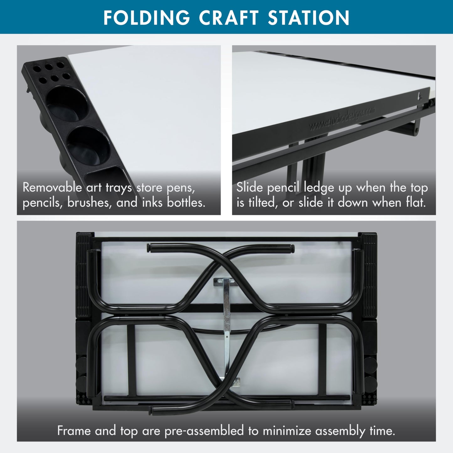 Studio Designs Folding Modern Top Adjustable Craft Drafting Table, 35.25" W x 23.75" D, Black/White