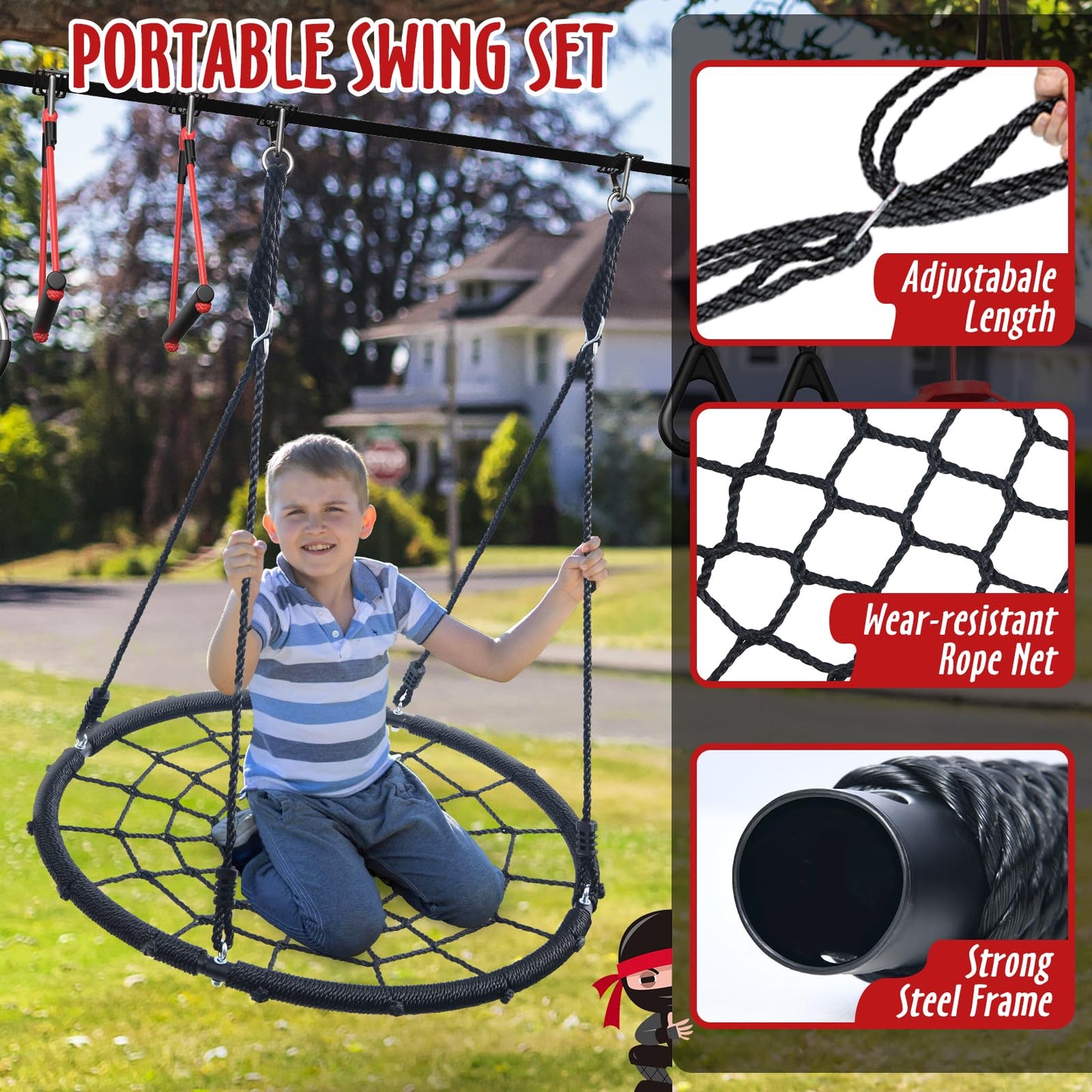 Hapfan 50 ft Ninja Warrior Obstacle Course for Kids with Tree Swing, Portable Slackline Swing Set with Weather-Proof Obstacles, Tree Jungle Gym Outdoor Playset for Backyard Outside