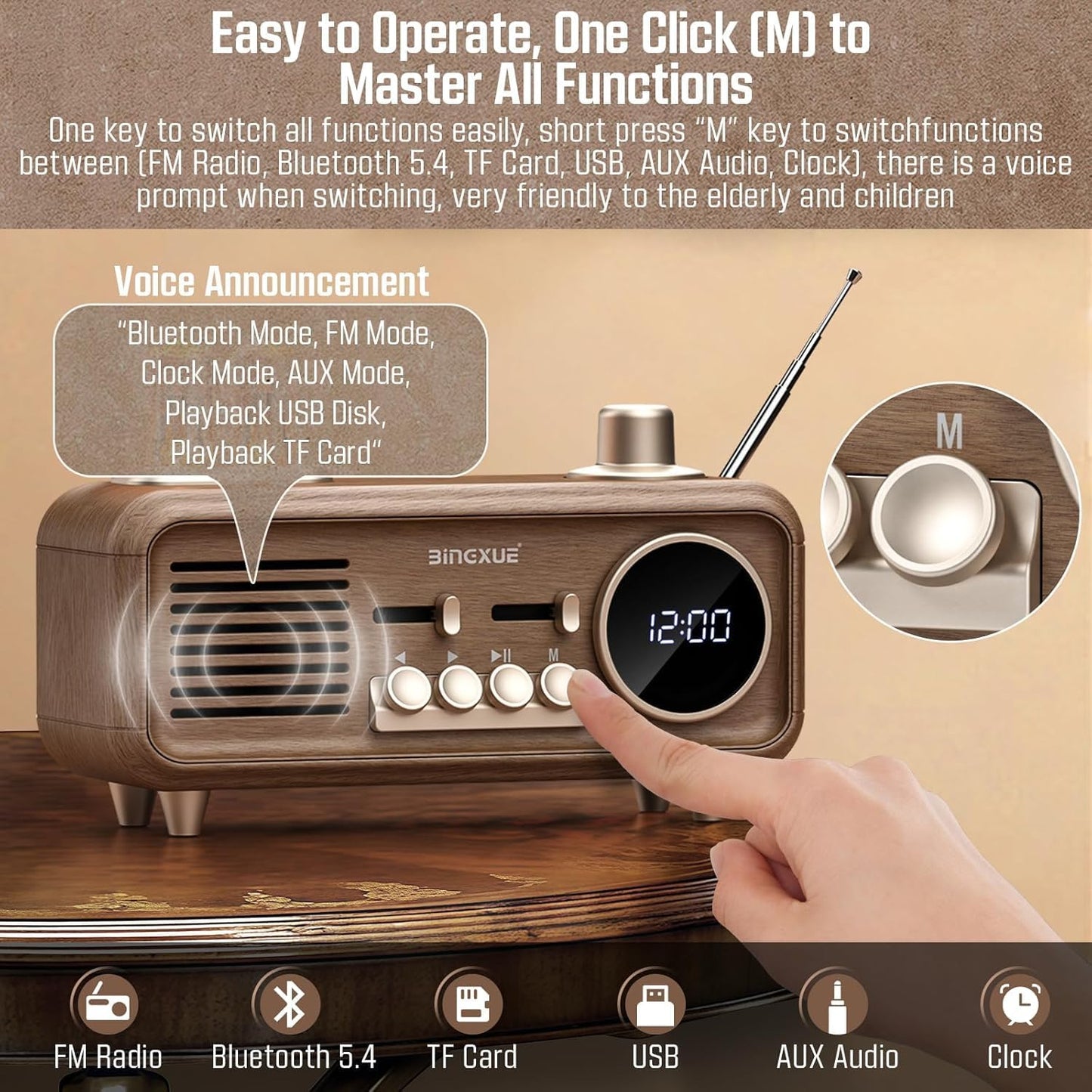 Bingxue Speaker,12/24H Retro Radios FM Portable Bluetooth Small Plug in Vintage Clock Radio with USB/AUX/TF Card