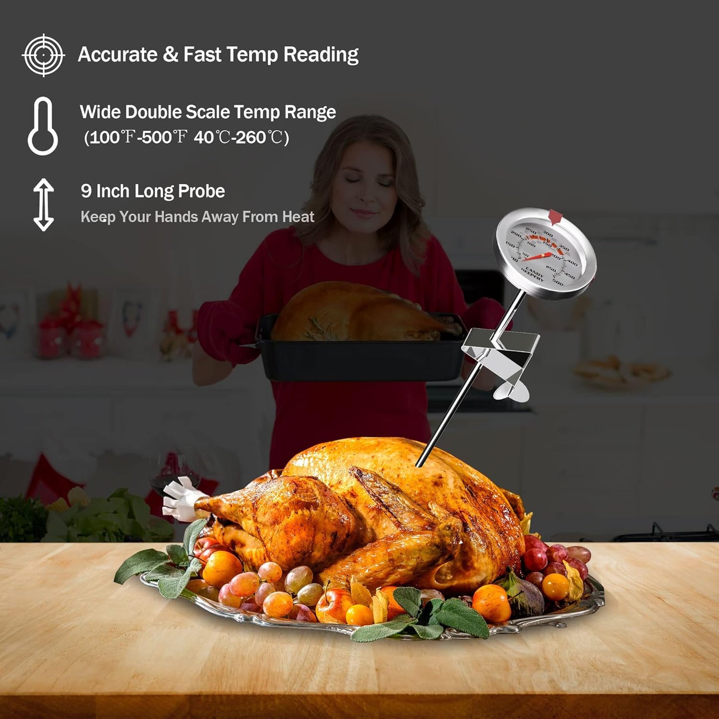 Skiennix Candy Thermometer - 2 Inch Large Dial & 9 Inch Stainless Steel Probe | Perfect for Frying & Confectionery