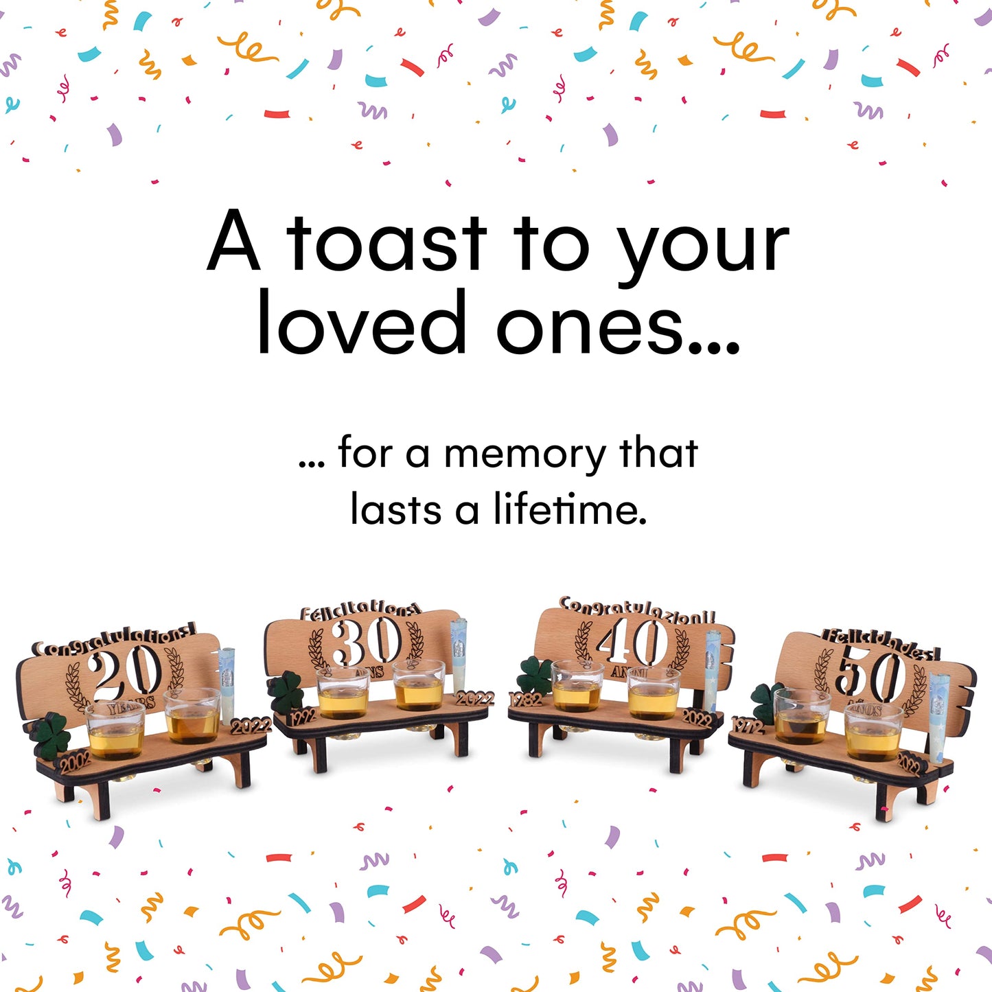 Brynnberg Wooden Bench with Shot Glasses - 80 Engraved (Years Available 10-90) - Original, Funny and Emotional Gift for Wedding, Anniversary or Birthday - 2 Shot Glasses and Wood Four-Leaf Clover