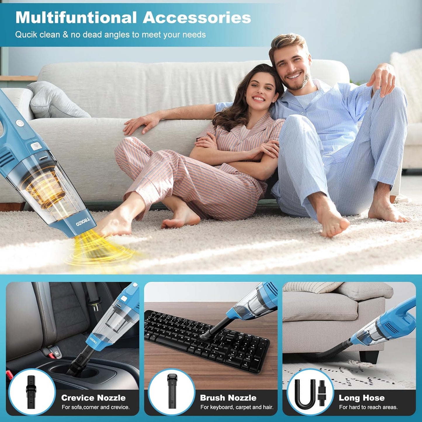 TROIZO Cordless Handheld Vacuum - 14500PA Powerful Suction, Rechargeable & Portable for Home, Office & Car