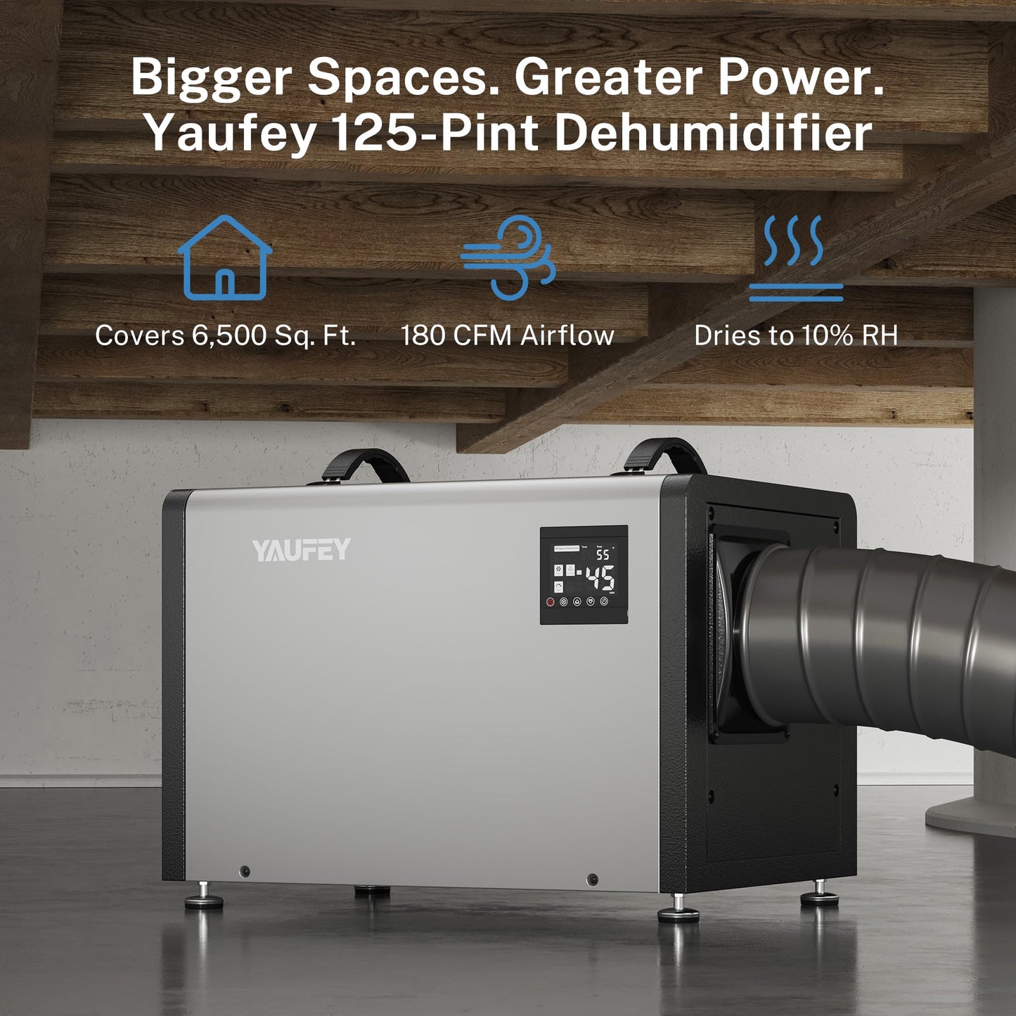 Yaufey 125 Pints Commercial Dehumidifier with Drain Hose for 6500 Sq.Ft. Crawl Space, Basement, Industrial, 10-90% RH Humidity Control, 24/7 Running Continuous Drainage, TUV Certified, 5-Yr Coverage