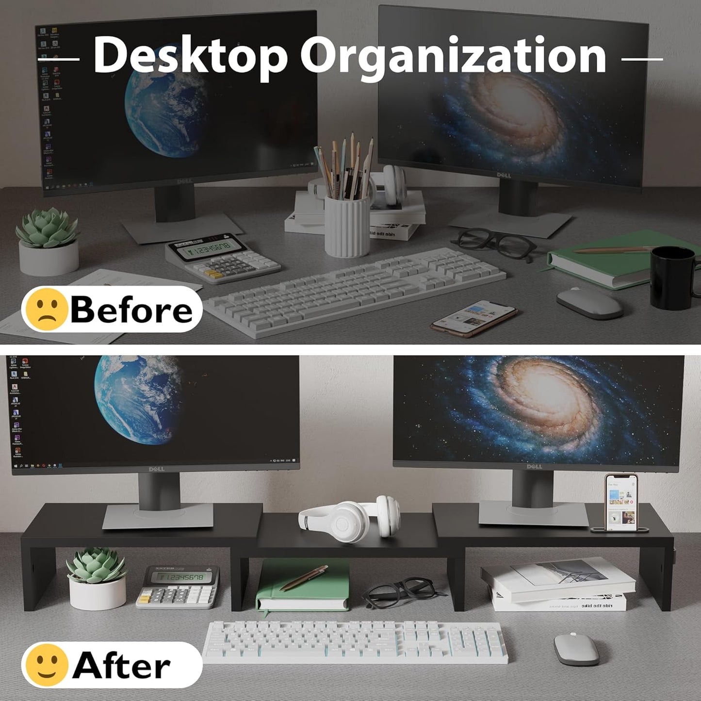 BONTEC Dual Monitor Stand Riser with Smartphone Holder, Adjustable Length & Swivel Angle, Ergonomic Wooden Desktop
