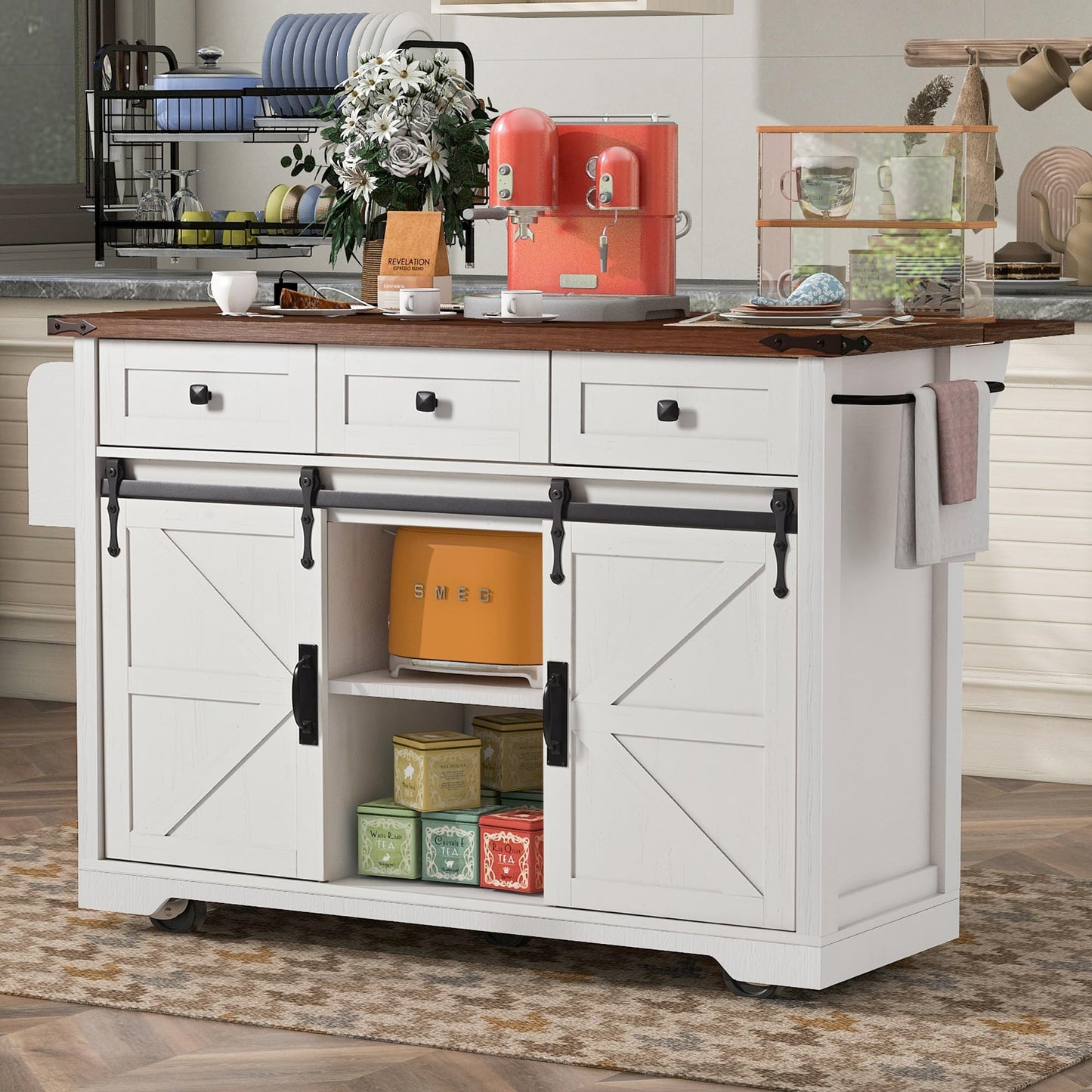 EQEY 53.7" Farmhouse Kitchen Island with Power Outlet, 2 Sliding Barn Door Kitchen Storage Island with Drop Leaf, Spice Rack Rolling Kitchen Cart on Wheels, for Home, Kitchen and Dining Room, White