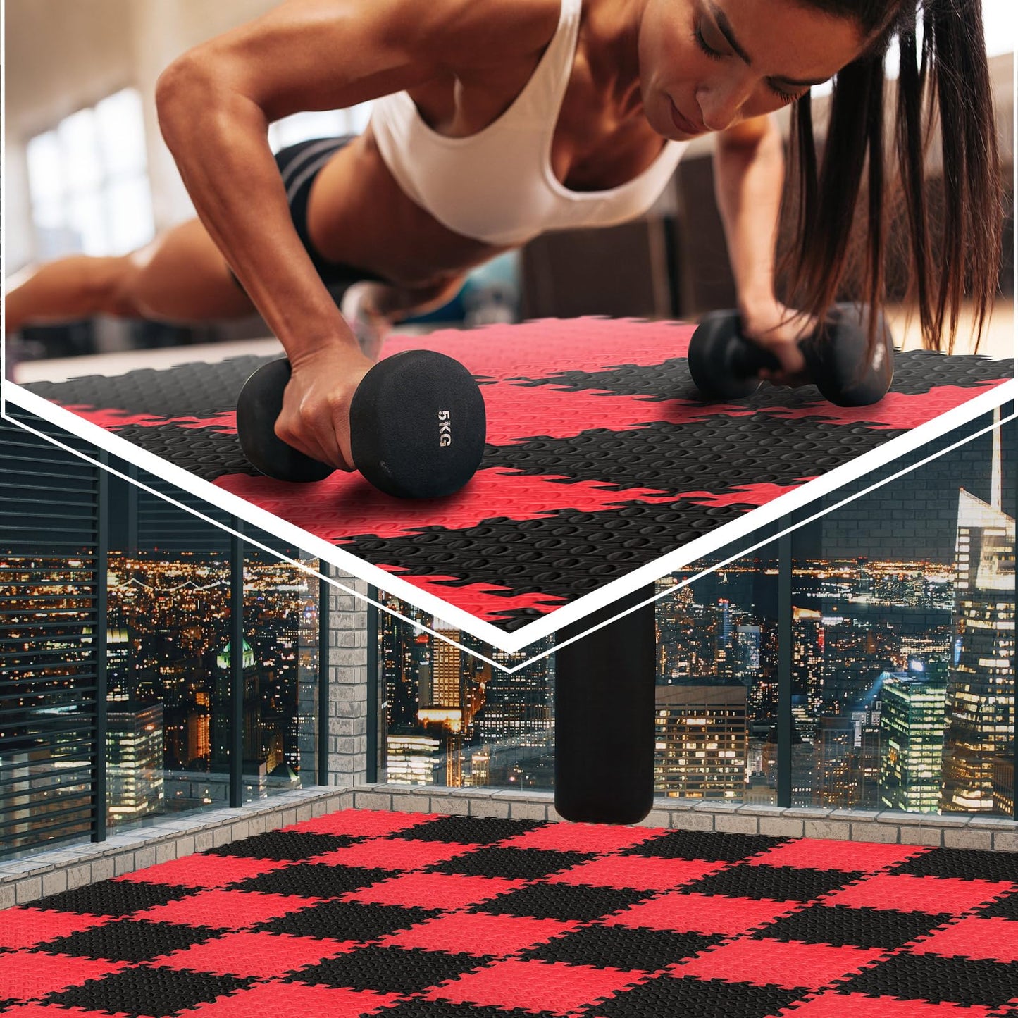 Ecally 100 Pcs 12 x 12 Gym Mat Foam Floor Mats for Home Gym Covers 96 Sq Ft Puzzle Exercise Square Interlocking Carpet Tiles with Border for Workouts Equipment Yoga Pilates (Black,Red)