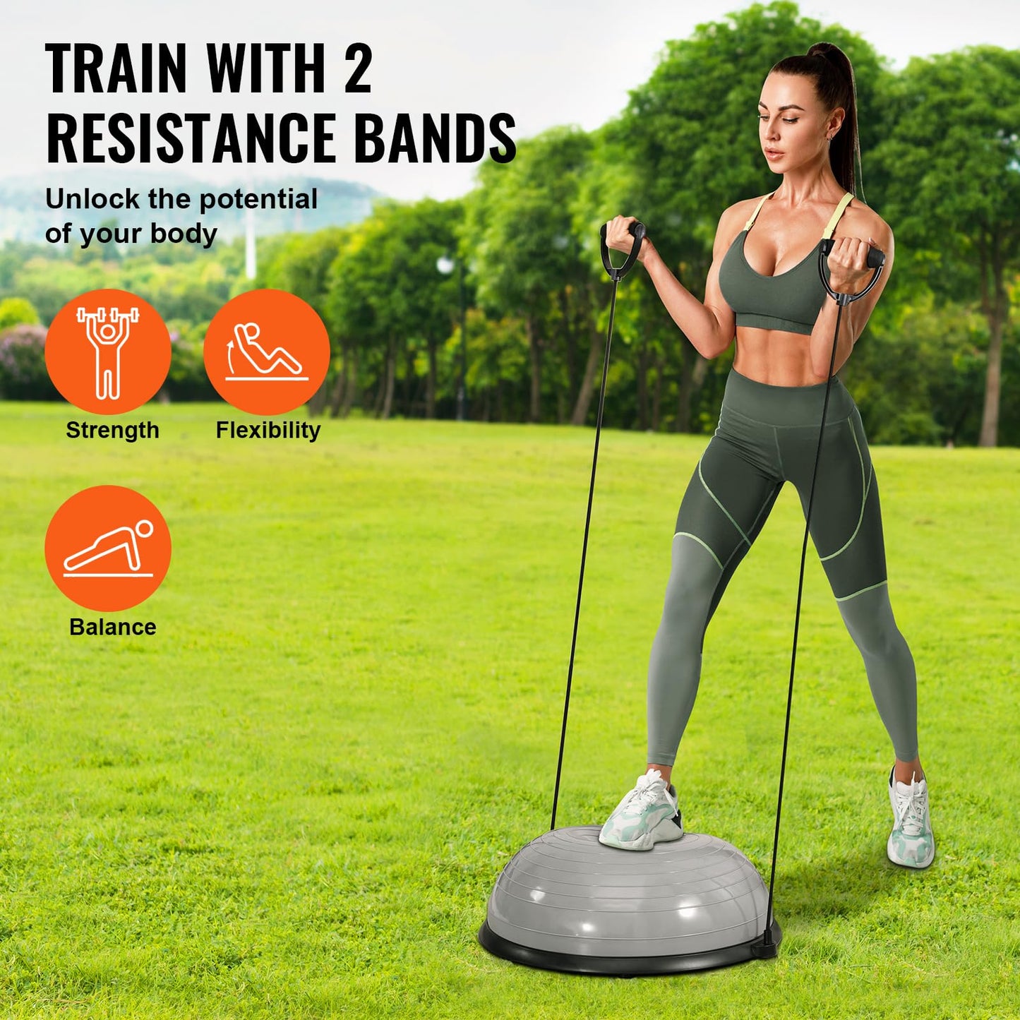 VEVOR 23-inch Half Exercise Ball Trainer, 660 lbs Capacity Balance Ball, Includes Resistance Bands and Pump, Ideal for Full Body Workouts, Yoga, and Strength Training at Home Gym, Gray