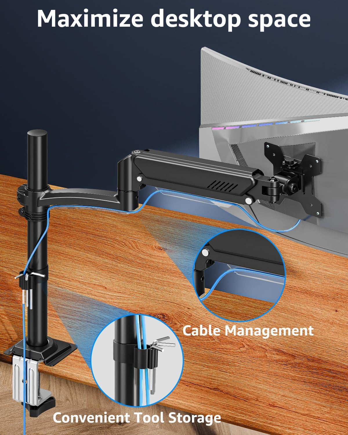 MOUNTUP 4.4-22lbs, 32 27 24 22inch, C-ClampGrommet Single Monitor Arm Holds Monitor Stand for Desk, Height Adjustable