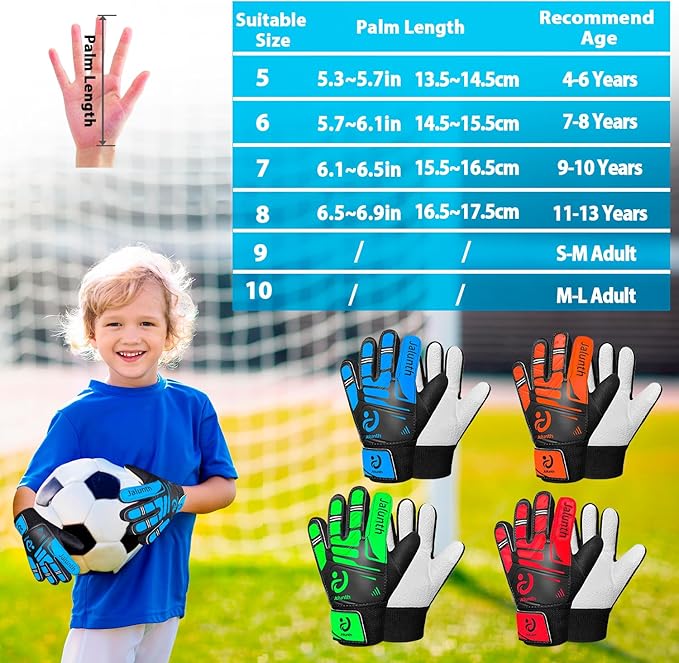 Jalunth Soccer Goalie Gloves Kids Youth Goalkeeper Field Player Gloves Boys Girls Training Grip Goal Keeper Glove Age 4-14 Years Old with Upgraded Anti-Skid Latex Palm